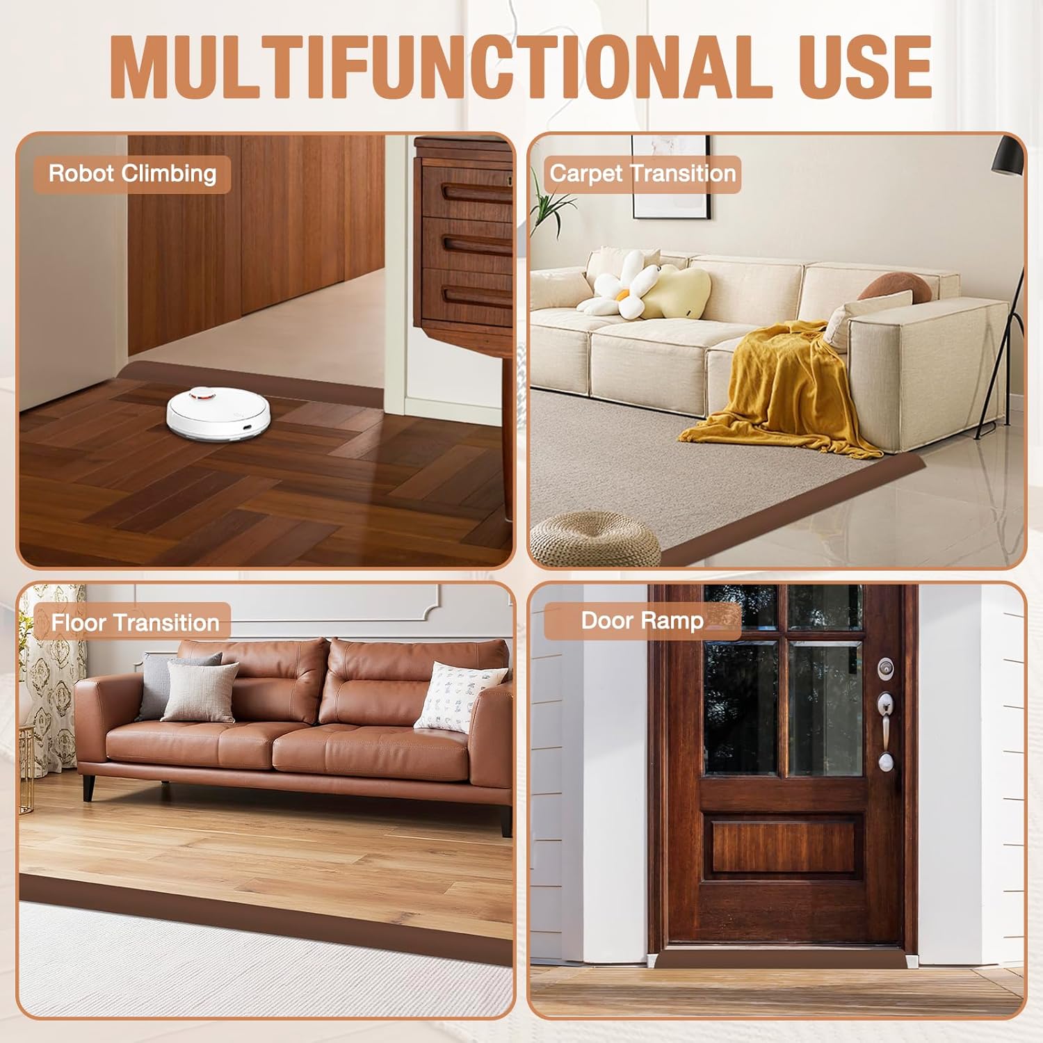 Floor Transition Strip Self Adhesive Vinyl Door Threshold for Doorways Carpet Edging Trim Overlap Edge Reducer for Laminate Floor, Carpet, Tile (Brown, 1/5" to 2/5", 3.3Ft)