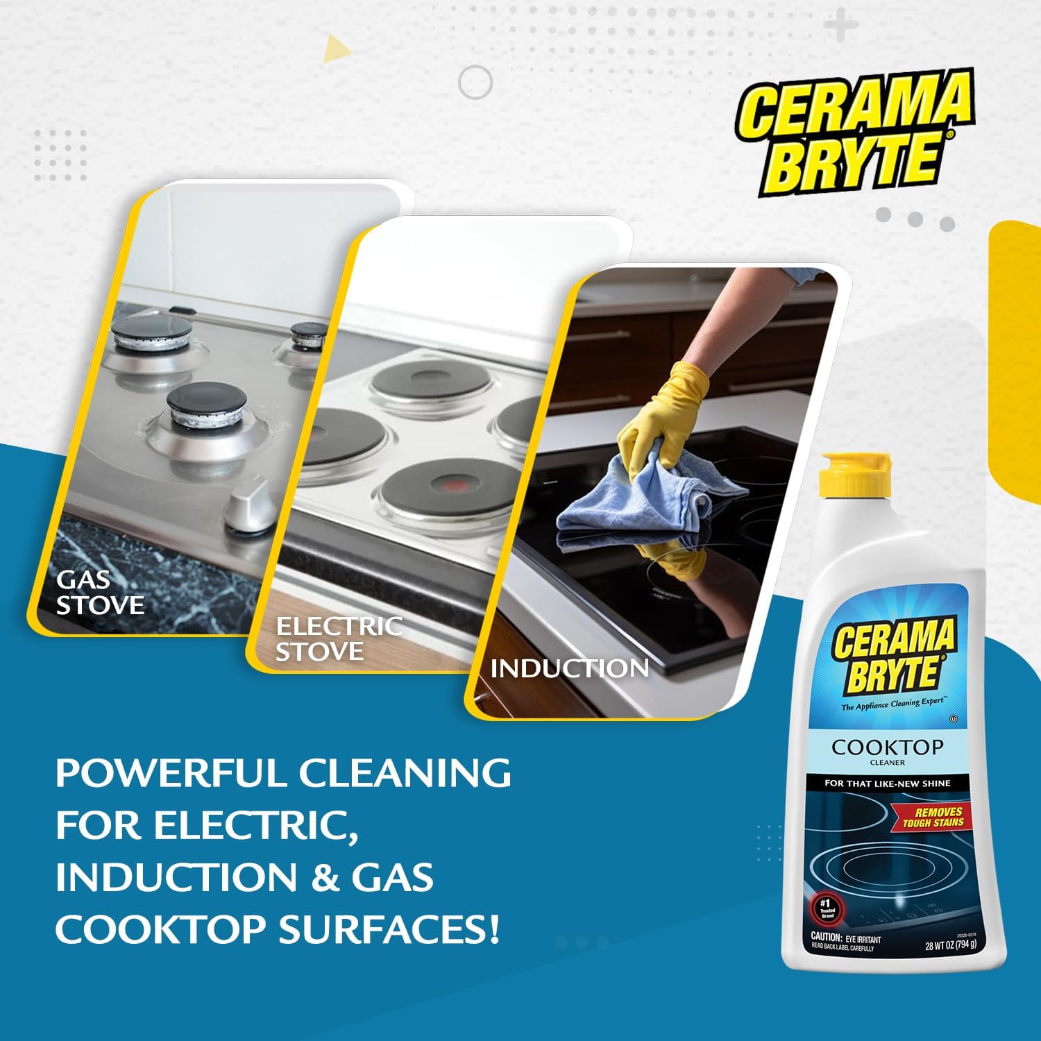 Cerama Bryte Glass Cooktop and Stove Top Cleaner Combo Kit - Includes Cleaning Tool, Razor, Scraper and 3 Pads to Remove Tough Stains - Use on Gas, Electric, Ceramic Surfaces, 10 Ounces, 6 Piece
