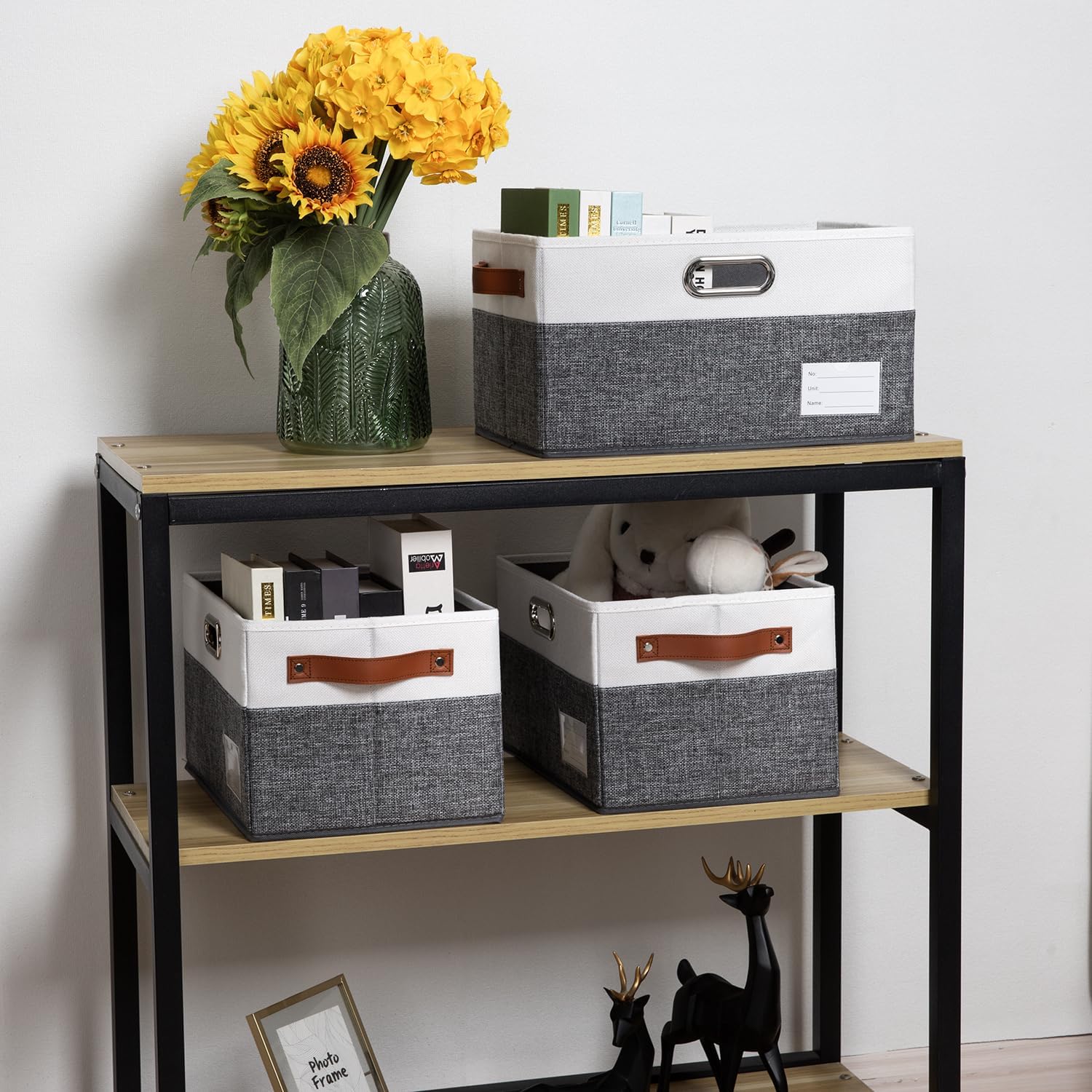 PRANDOM Foldable Storage Bins with Handles [3-Pack] Fabric Collapsible Storage Boxes Baskets Cubes Containers with Handles for Closet Living Room Bedroom (Grey & White 14.9x9.8x8.3'')