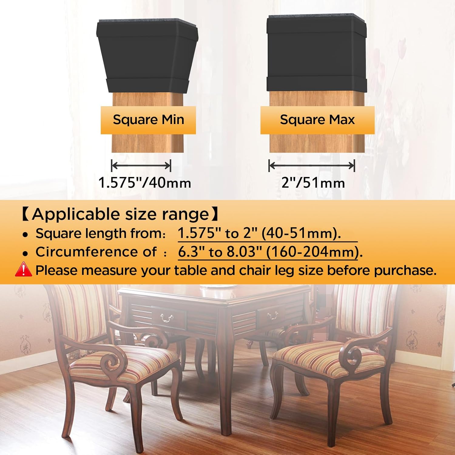 16 PCS Square Chair Leg Floor Protector, Silicone Chair Leg Cover, Furniture Leg Protectors with Felt, Mobile Table Leg Pad, Protect The Floor from Scratches.2 in Black.