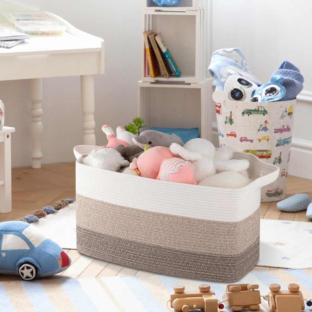 OIAHOMY Rectangle Woven Storage Basket - Nursery Cotton Rope Baskets for Storage, Toy Basket Organizing for Living Room, 17.7"x13.8"x11"- Pack of 3 - Gradient Yellow