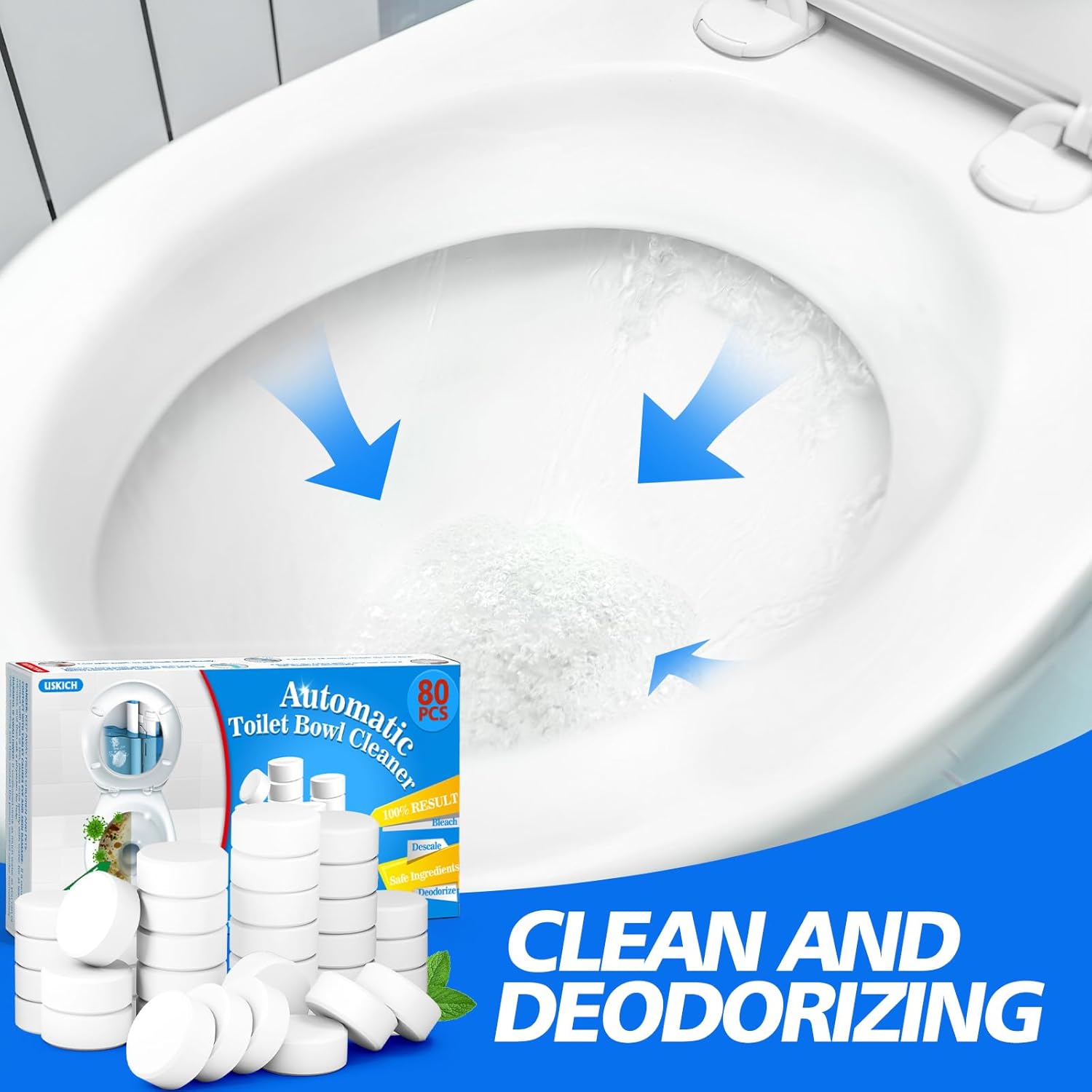 USKICH Toilet Bowl Cleaner - 80 PACK, Household Automatic Toilet Bowl Cleaners with Bleach, Bathroom Toilet Tank Cleaners Tablets with Sustained-Release Technology for Against Tough Stains