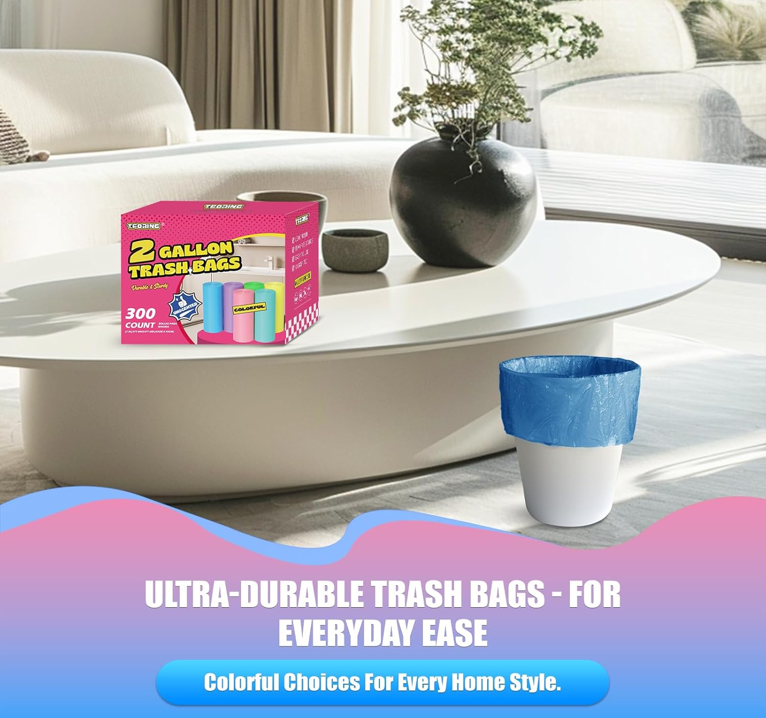 300 Count 3 Gallon Trash Bags - 12 Liter Colored Small Garbage Bags Unscented Wastebasket Liners Heavy Duty & Leakproof Mini Can Liners for Bathroom Toilet Home Office