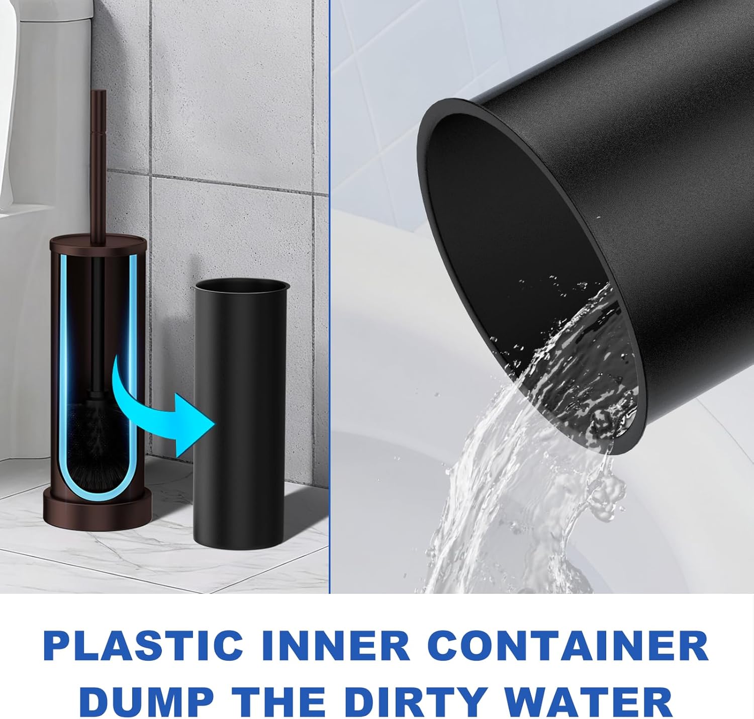 Toilet Brush and Holder Set: 304 Stainless Steel Heavy Duty Toilet Bowl Brush and Holder with Removable Inner Bowl and Splash Protection, Modern Long Handle Bathroom Cleaning Tool