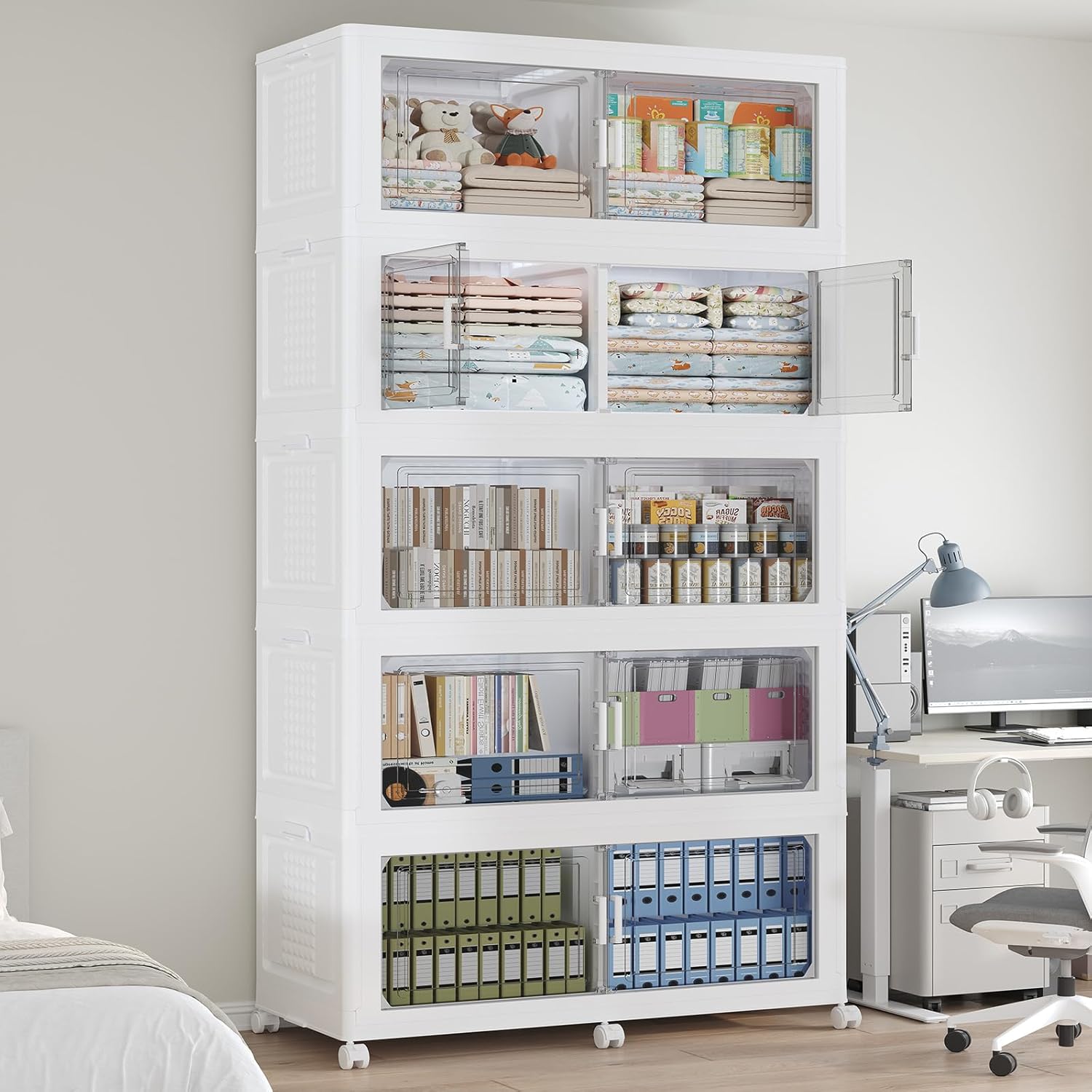 200GAL Storage Bins with Lid and Wheels, Stackable Closet Organizers and Storage Drawer, Collapsible Storage Box with Dividers, Foldable Plastic Cabinets Cubes Totes for Garage, 5 Pack White
