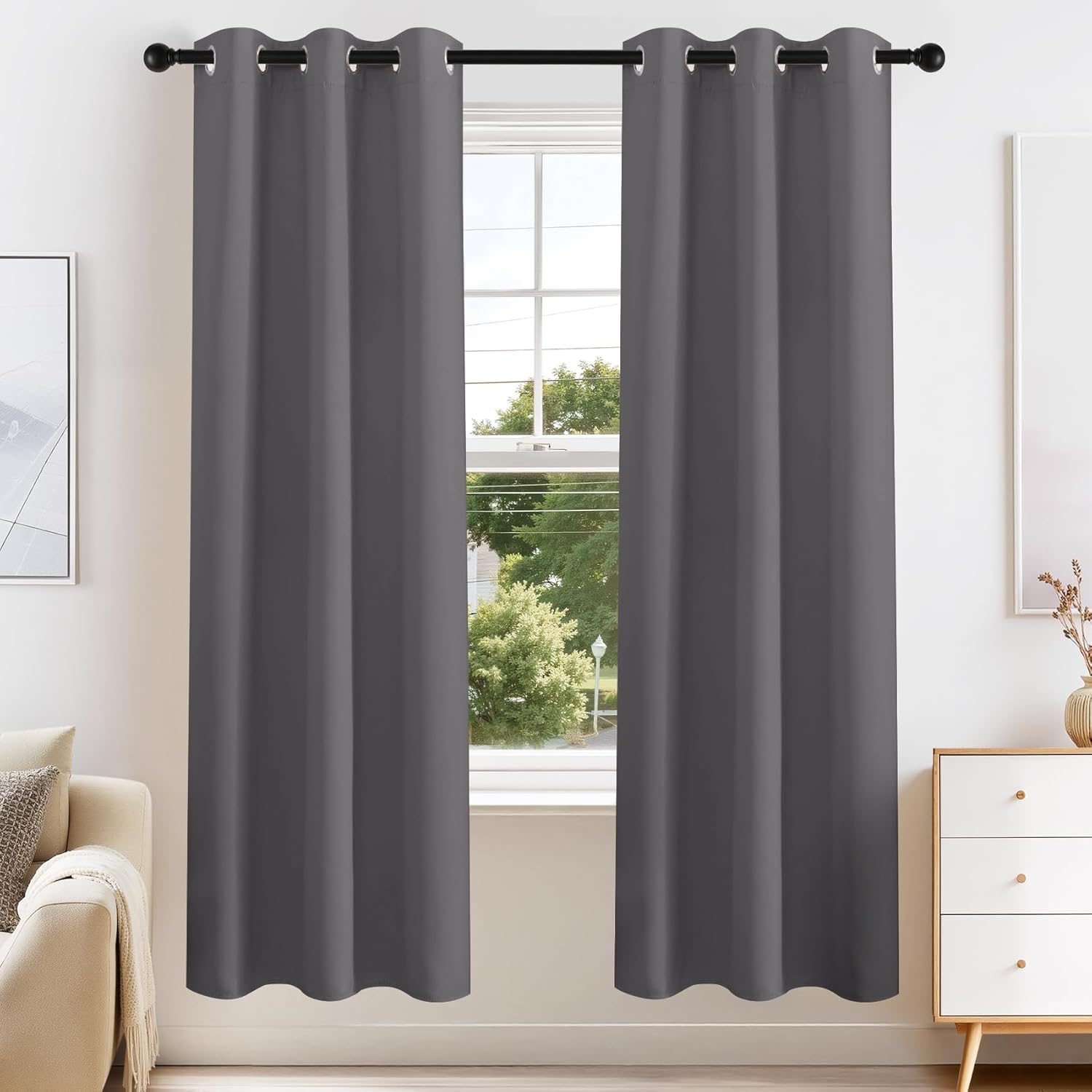 PONY DANCE Grey Blackout Curtains for Bedroom 63 Inch Length 2 Panels Set, Thermal Insulated Energy Saving Grommet Top Window Treatment Drapes for Living Room, W34 x L63 Inch