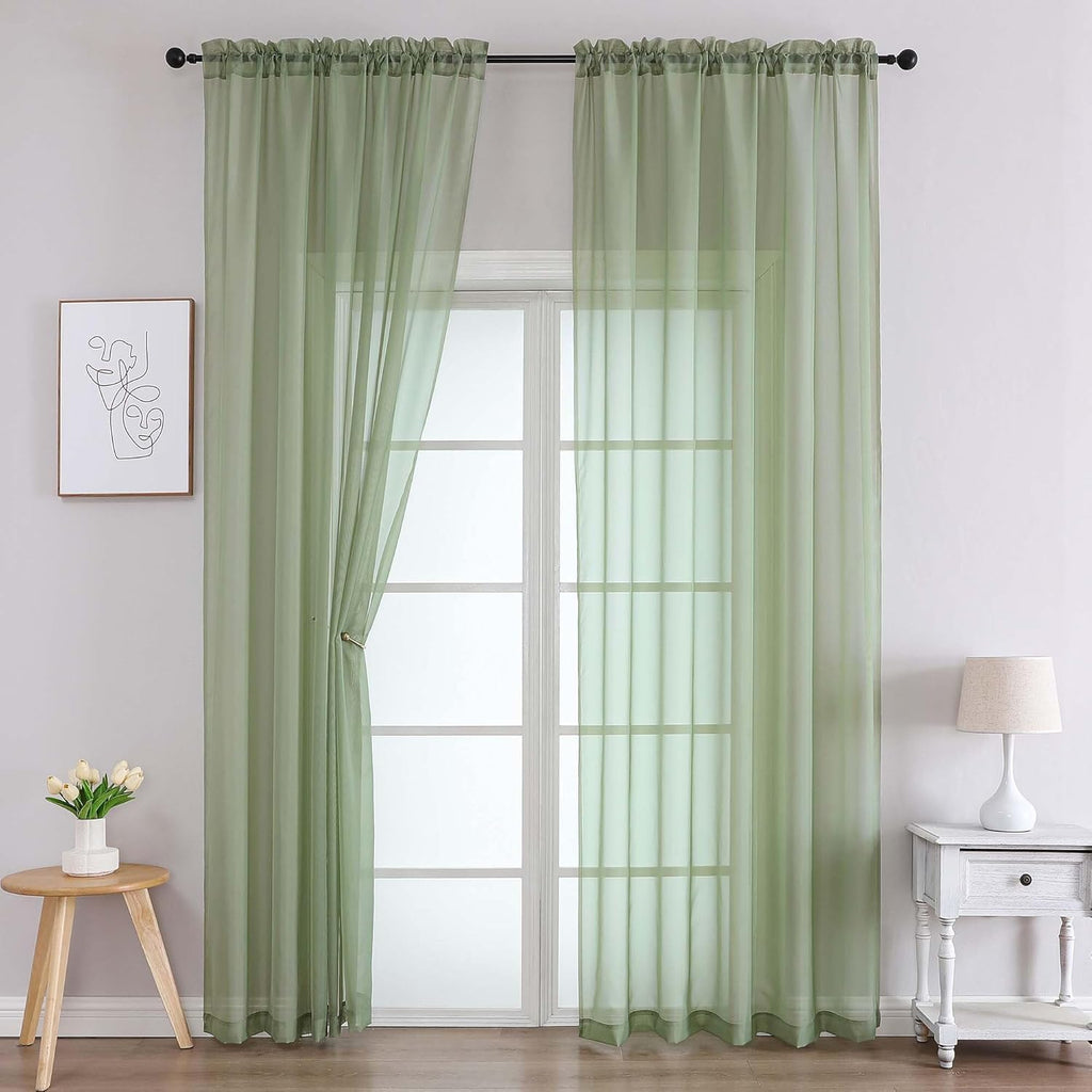 Chyhomenyc Sage Green Sheer Curtains 96 Inches Long 2 Panels, Light Filtering Green Curtains for Living Room, Soft Gentle Voile Rod Pocket Bedroom Window Drapes, 59Wx96L Inch, 2PCS