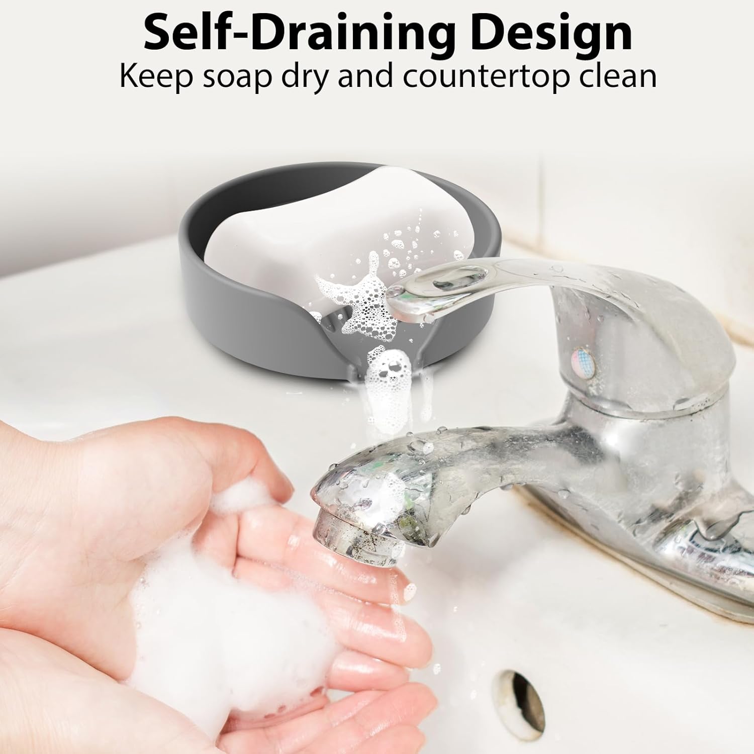 Self Draining Soap Dish, Silicone Suction Cup Soap Holder Tray Savers Container Sponge Holder for Bar Bathroom Shower Kitchen Sink, Can Extend Soap Life (2, Gray)