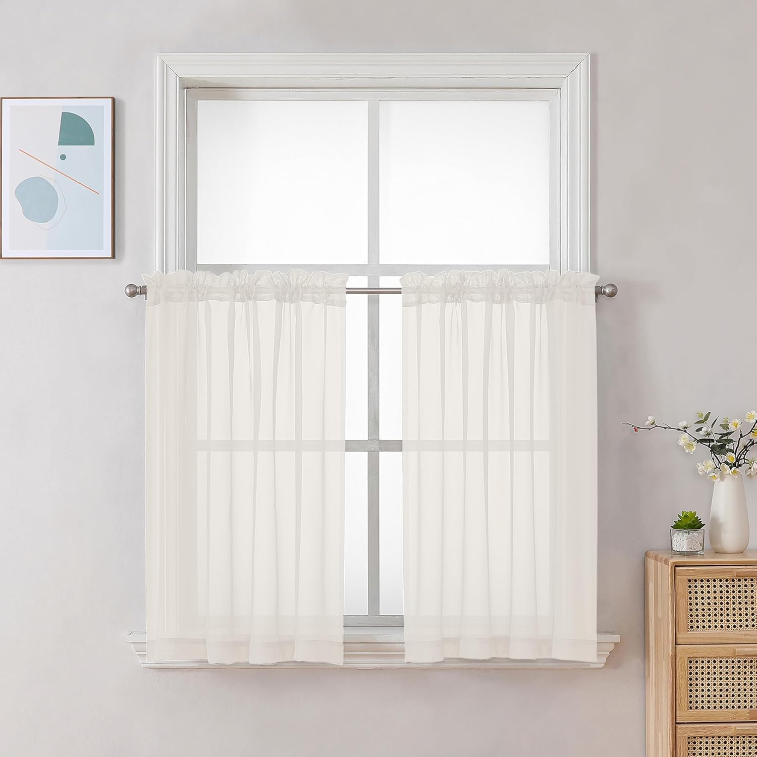 Chyhomenyc Ivory Sheer Curtains 30 inch Length 2 Panels, Light Filtering Voile Rod Pocket Short Window Curtians for Bathroom Living Room Farmhouse Small Windows, 42Wx30L inches