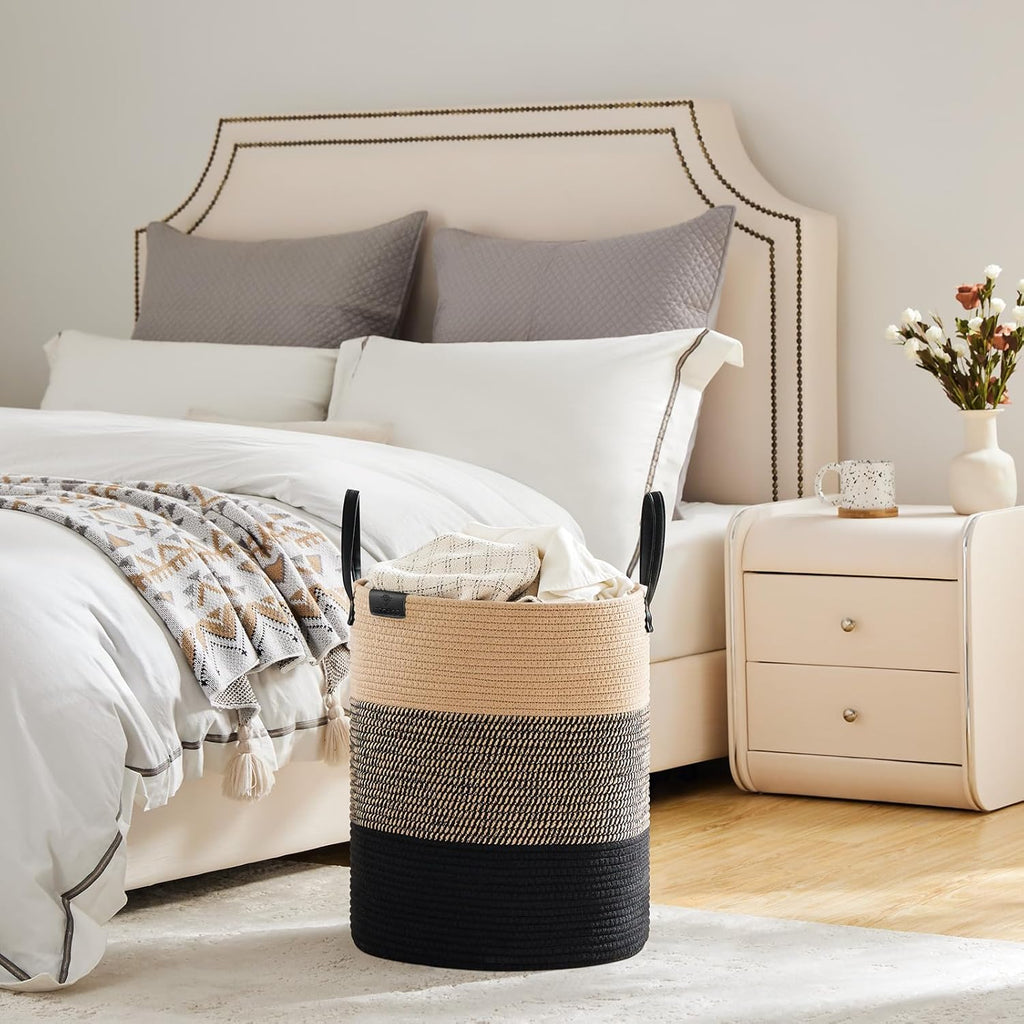 VIPOSCO Tall Laundry Basket, Large Dirty Clothes Hamper with Leather Handle, Woven Rope Storage Basket for Blanket, Toy In Living Room, Bathroom, Bedroom - 53L Brown & Black