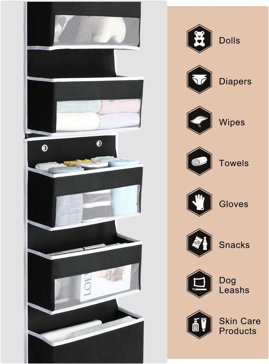 Yecaye 6-Tier Over The Door Storage Organizer, Flexible 1 Split into 2 Swing-Proof Hanging Bathroom Organizer, Bedroom Organizers and Storage for Newborn Baby Essentials, Black