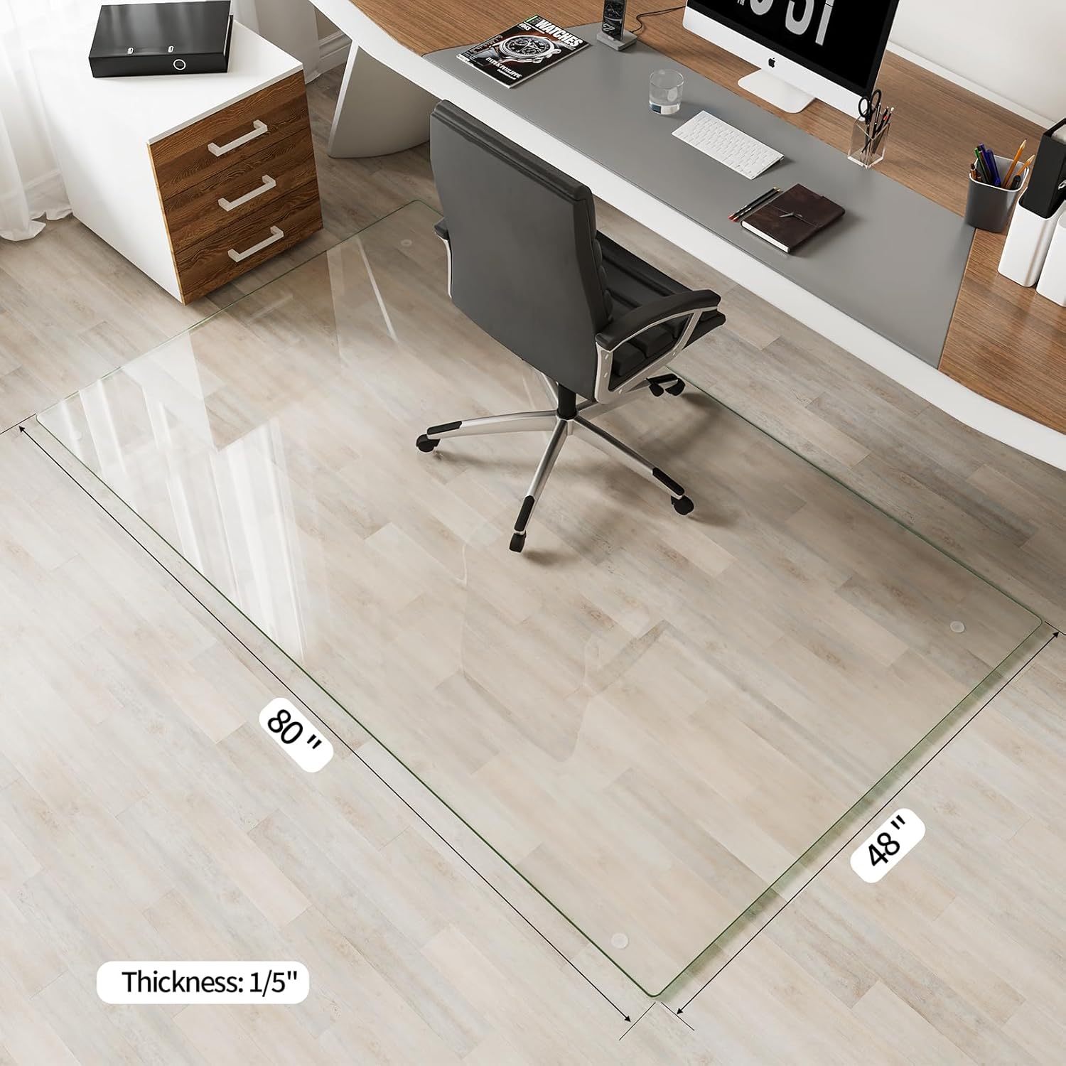 Koonmi Tempered Glass Chair Mat for Hardwood Floors & Carpets, 48" x 80“ Transparent Heavy Duty Office Floor Protector with Noise-Free Gliding Shatterproof for Home Office Desk