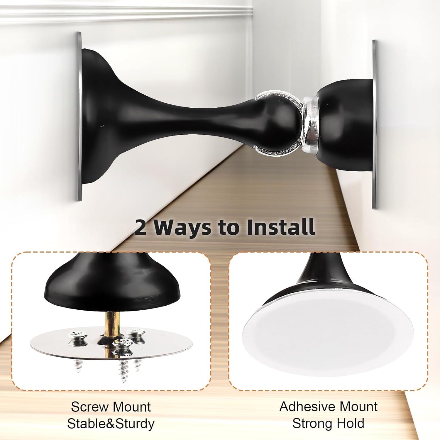 Probrico Black Magnetic Door Stoppers for Bottom of Door, Stainless Steel Magnet Door Catch Door Stops to Keep Door Open, Heavy Duty Door Holder, Wall and Floor Mounting, 6 Pack