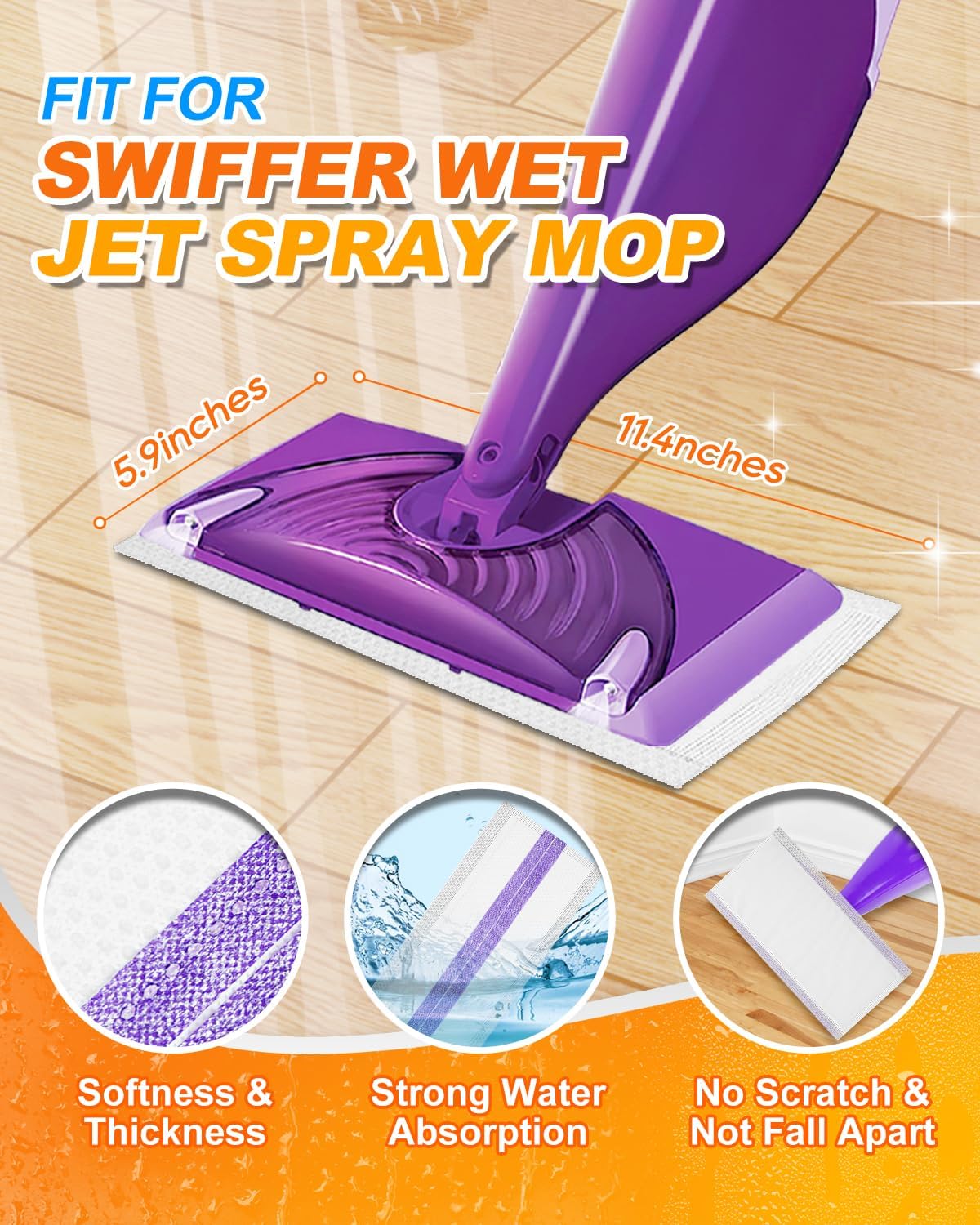 Spray Mop Pad Refill Compatible with Swiffer WetJet Mop, Disposable Multi Surface Floor Mop Pads, Thickness & Absorbent, 24 Count