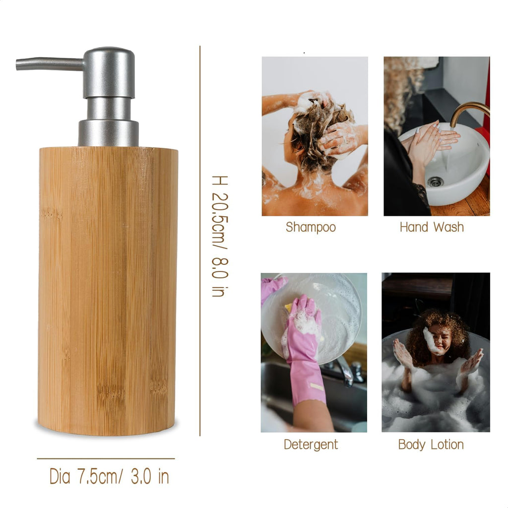 2 Pack Natural Bamboo Liquid Soap Dispensers, 10 oz Refillable Bottles with Silver Plastic Pumps for Bathroom or Kitchen Countertop