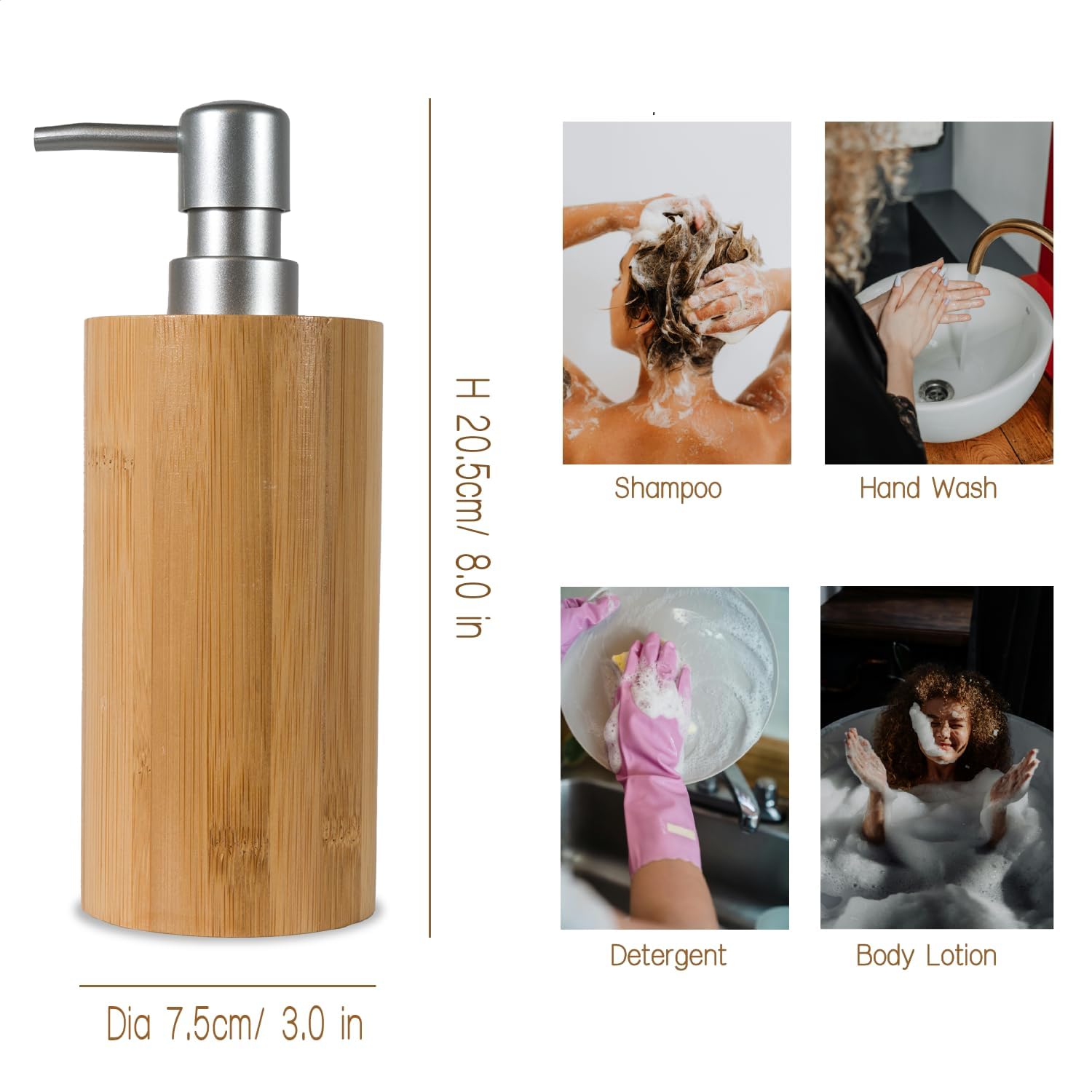 2 Pack Natural Bamboo Liquid Soap Dispensers, 10 oz Refillable Bottles with Silver Plastic Pumps for Bathroom or Kitchen Countertop