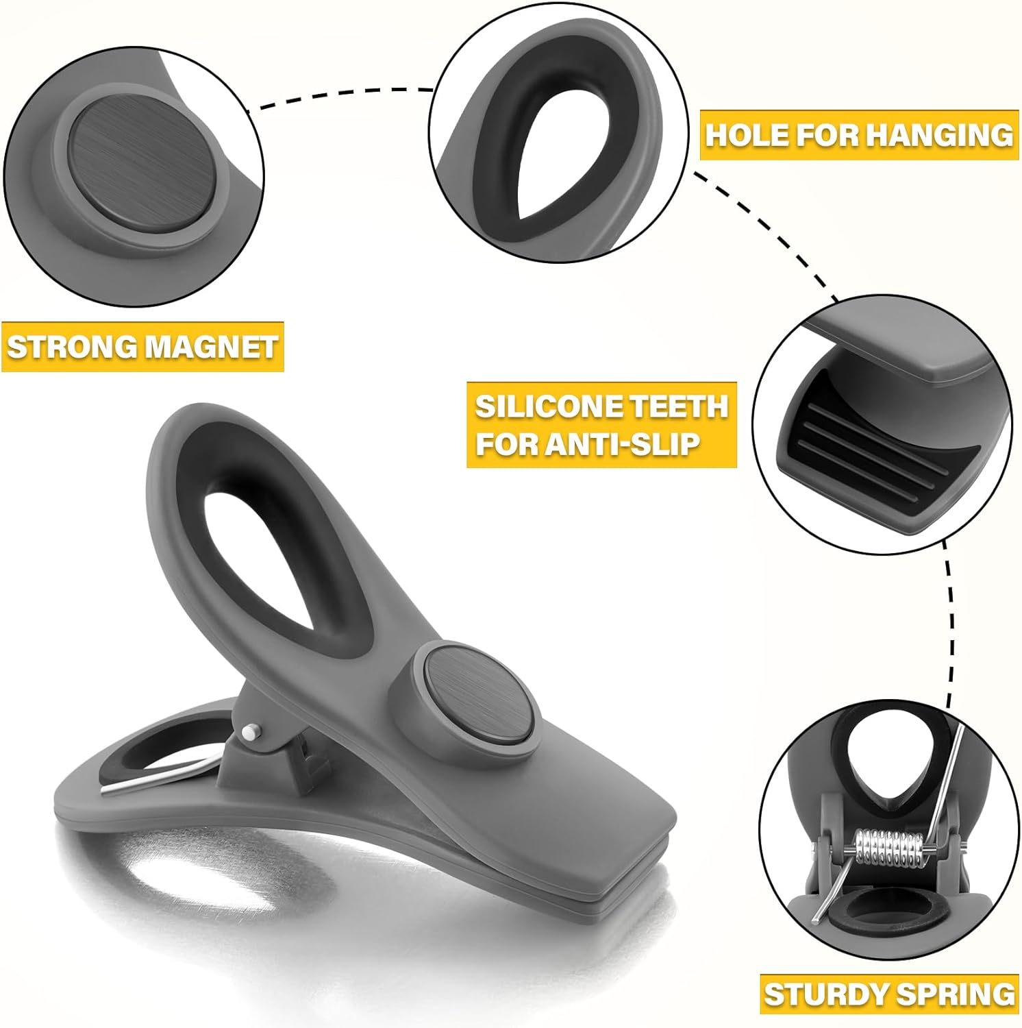 10 Pack Magnetic Chip Clips, Gray Plastic Snack Clips with Magnet for Refrigerator