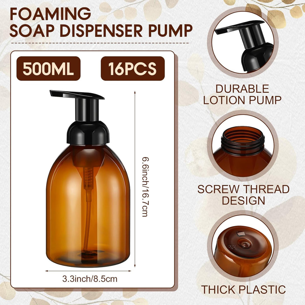 Uiifan 16 Pcs 17 oz Amber Foaming Soap Dispenser Refillable Foam Pump Bottle Liquid Plastic Container for Kitchen Bathroom Commercial Concentrated or Regular Shampoo Body Wash Dish Liquid Soap