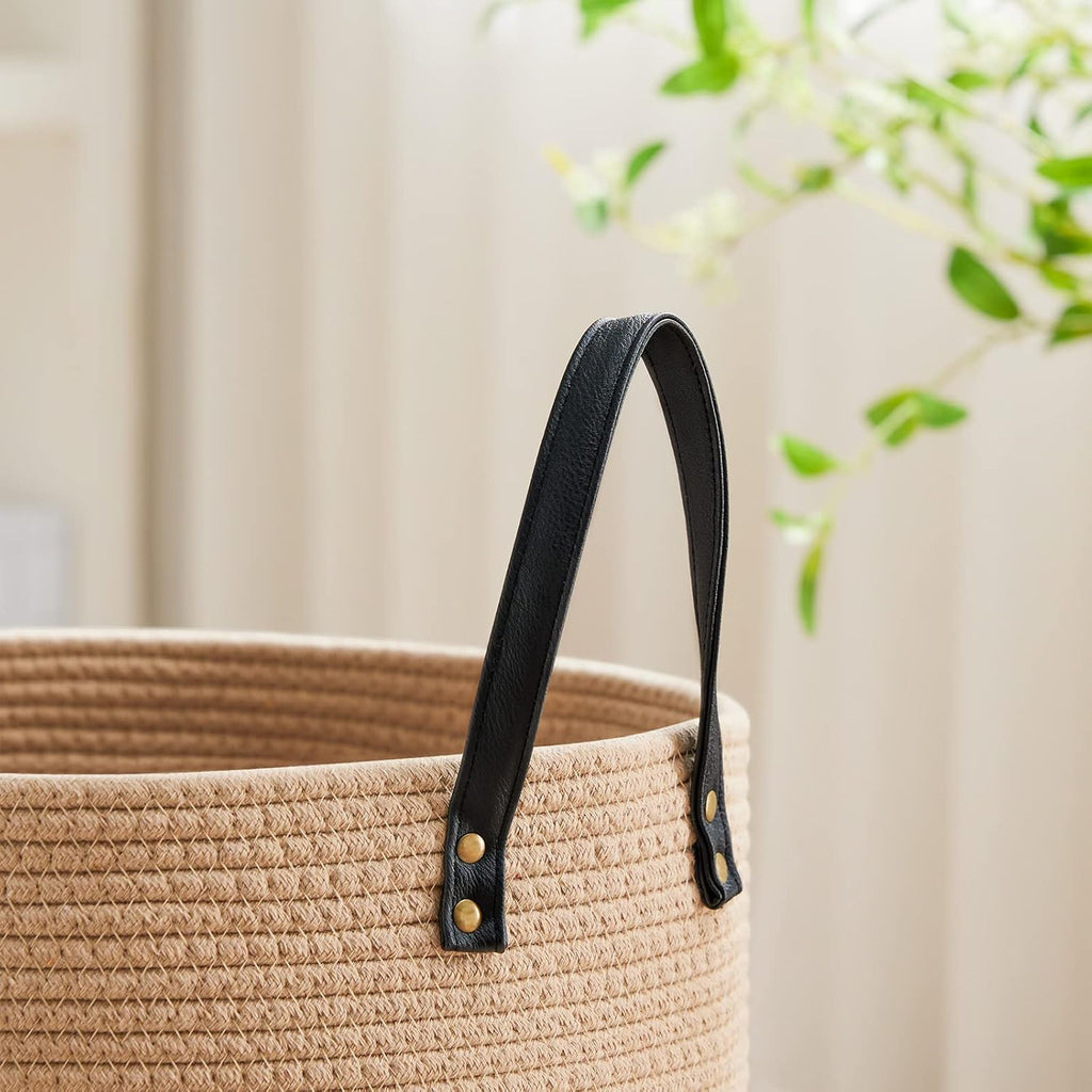 VIPOSCO Tall Laundry Basket, Large Dirty Clothes Hamper with Leather Handle, Woven Rope Storage Basket for Blanket, Toy In Living Room, Bathroom, Bedroom - 72L Brown & Black