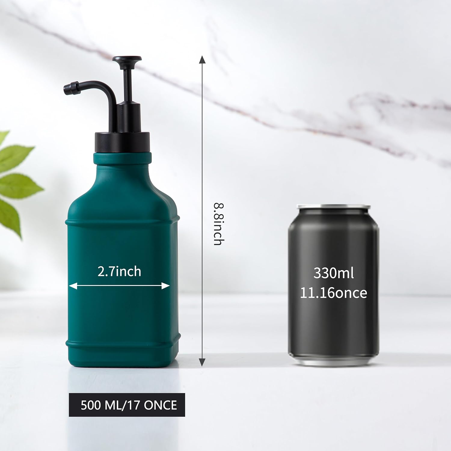 Enra Glass Soap Dispenser with Clear Window,12oz Matte Stainless Steel Hand Pump Dispenser,Hand and Liquid Soap Dispenser Rust Proof Countertop Lotion Bottle (Green-Square-Liquid)