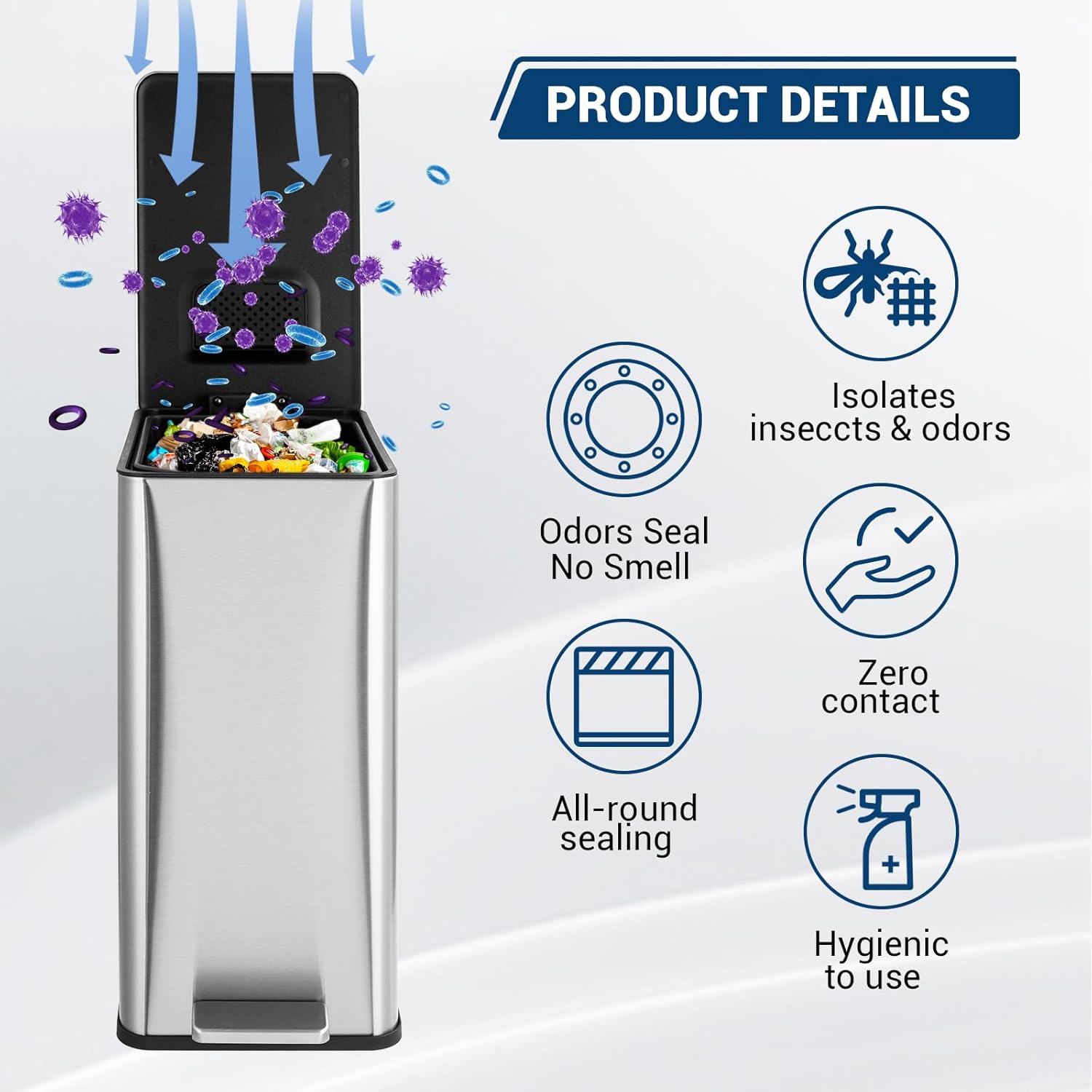 15 L Kitchen Step Trash Can, 4 Gallon Narrow Stainless Steel Waste Bin with Soft-Close Lid, Rectangle Rubbish Bin with Removable Inner Bucket for Bathroom, Dining Room, Living Room