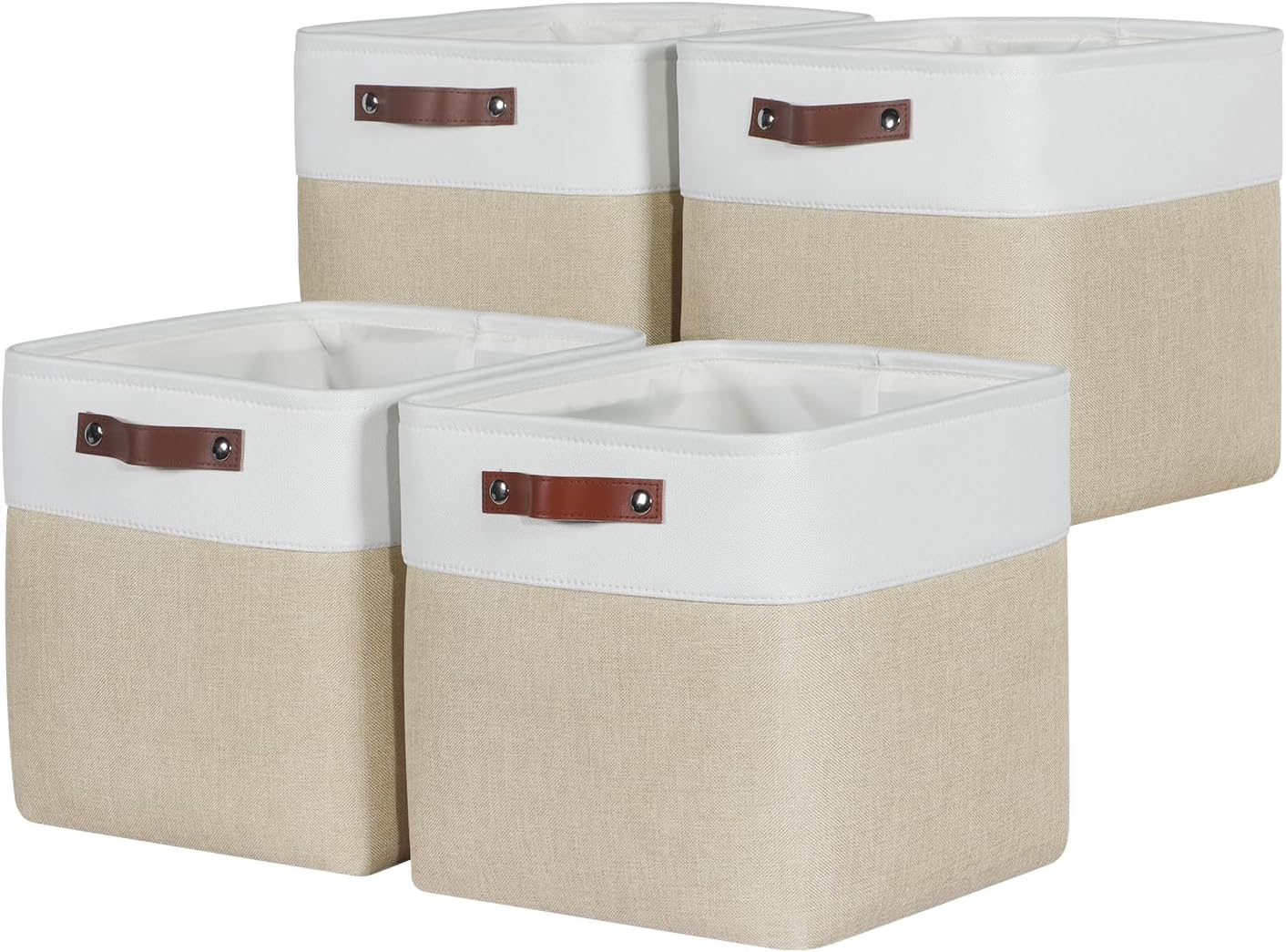 Univivi 12x12 Storage Cube Bins set of 4 Cube Organizer with Handles|Hard Bottom Fabric Closet Storage Organizer Baskets for Shelves (Khaki)