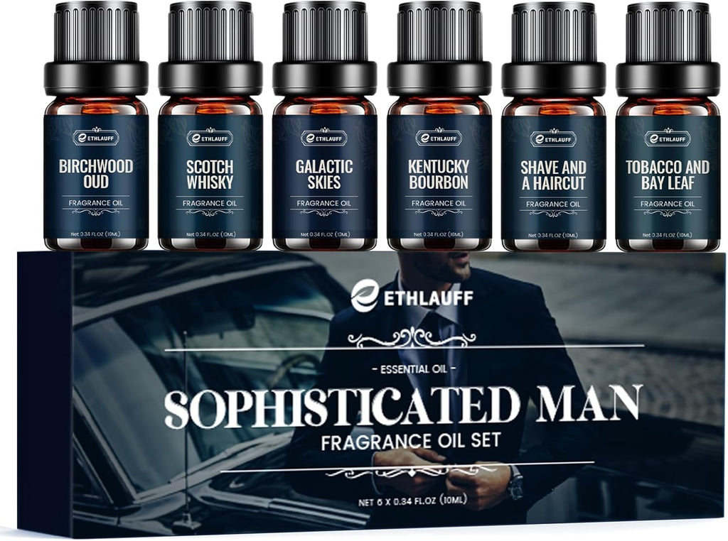 Men Essential Oils Set - TOP 6 Gentlemen's Fragrance Oil for Diffuser, Candle & Soap Making - Tobacco and Bay Leaf, Kentucky Bourbon, Galactic Skies, Scotch Whisky, Birchwood Oud
