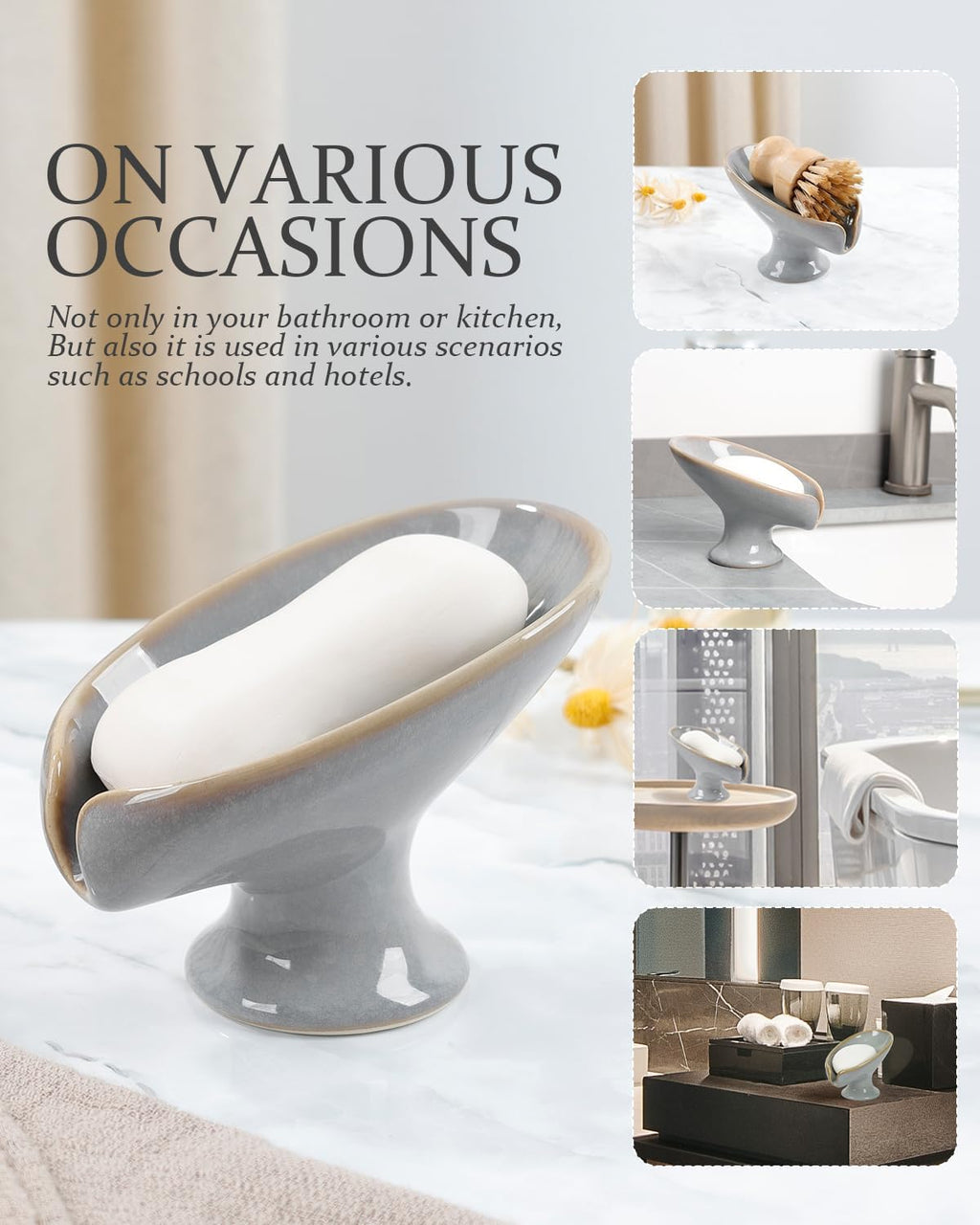 Soap Dish, Self Draining Bar Soap Holder for Bathroom Sink, Leaf Shaped Drainage Ceramic Porcelain Decorative Soap Dish, No Suction Cup, Kiln Stone Gray, ANTIS'S HOME