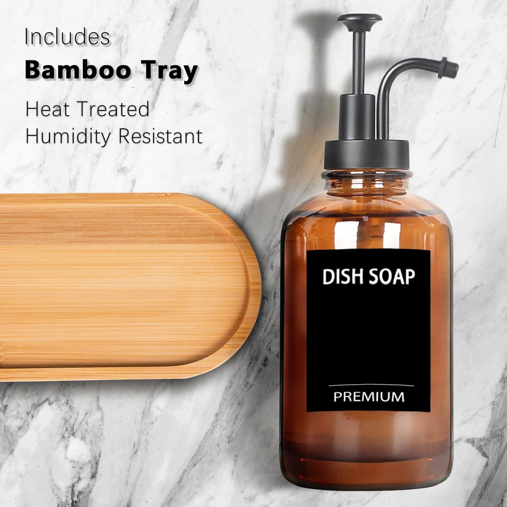 Amber 18 Oz Dish Soap Dispenser for Kitchen, Ultra-Thick Glass Soap Dispenser Set with Tray, Pump, Funnel for Bathroom, Liquid, Lotion, Shower, Laundry, (2 Pack with 12 Stickers)
