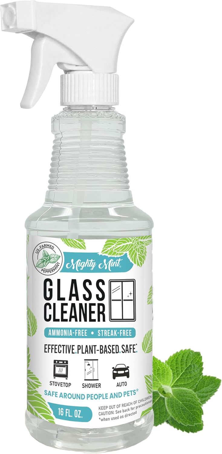 Mighty Mint Glass Cleaner, Ammonia-Free, Streak-Free Spray for Windows, Screens, Stovetop, Bathroom, Natural Peppermint Scent, 16oz