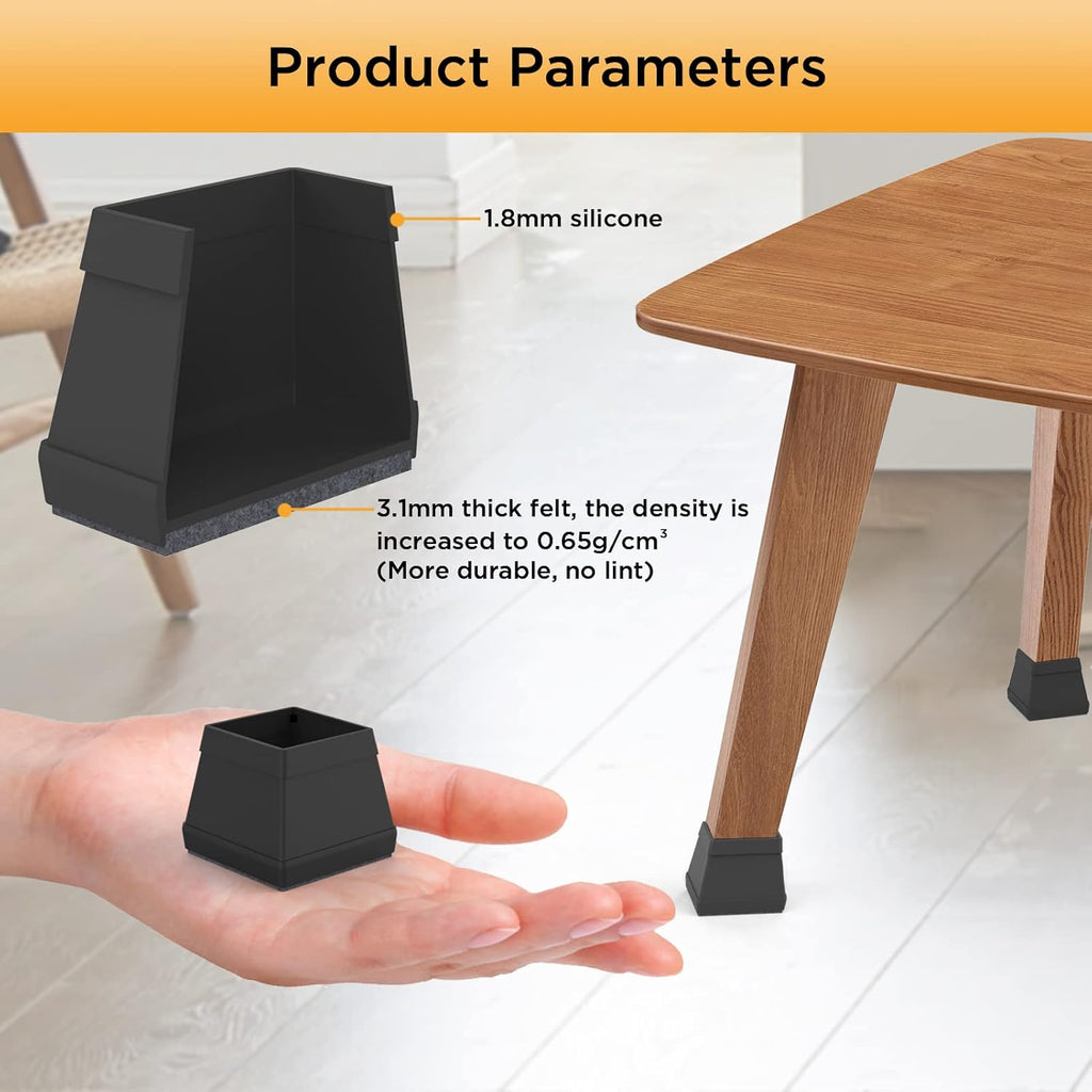 16 PCS Square Chair Leg Floor Protector, Silicone Chair Leg Cover, Furniture Leg Protectors with Felt, Mobile Table Leg Pad, Protect The Floor from Scratches.2 in Black.