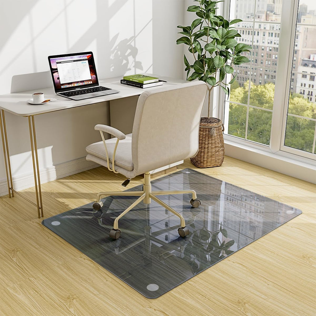 46" x 55" Chair Mat for Carpet - Office Chair Mat - Tempered Glass Floor Mat for Home/Office/Carpet Clear Computer Floor Mat - with 4 Anti-Slip Pads,Grey