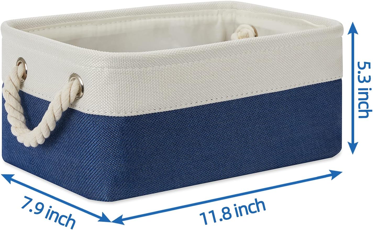 Temary Small Storage Baskets for Shelves, 6 Pcs Empty Gift Baskets for Organizing Clothes, Books, Fabric Storage Bins with Rope Handles (White&Blue,11.8 L x 7.9 W x 5.3 H inches)