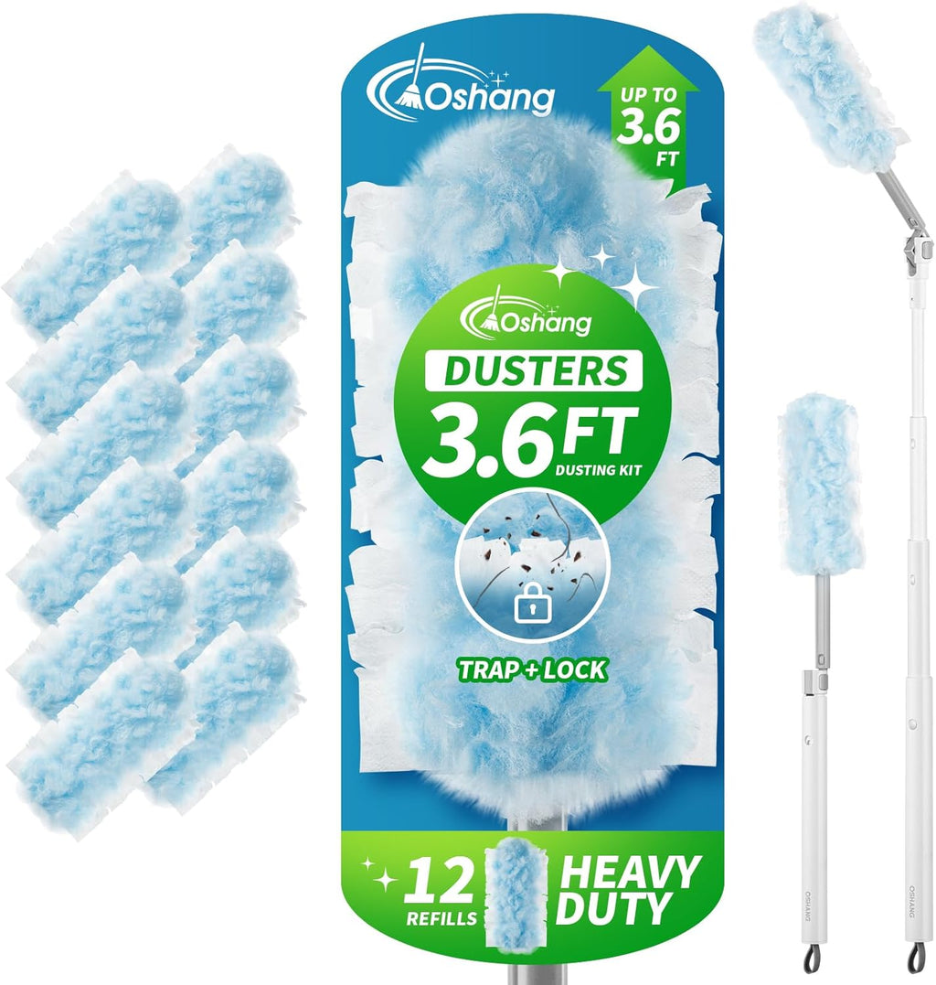oshang Duster Heavy Duty 3.6 ft Extended Handle Dusting Kit - Multi-Surface Cleaning | Home, Office, Furniture, Ceiling Fan | Powerful Dust Removal | Feather Dusters (1 Duster + 12 Refills)
