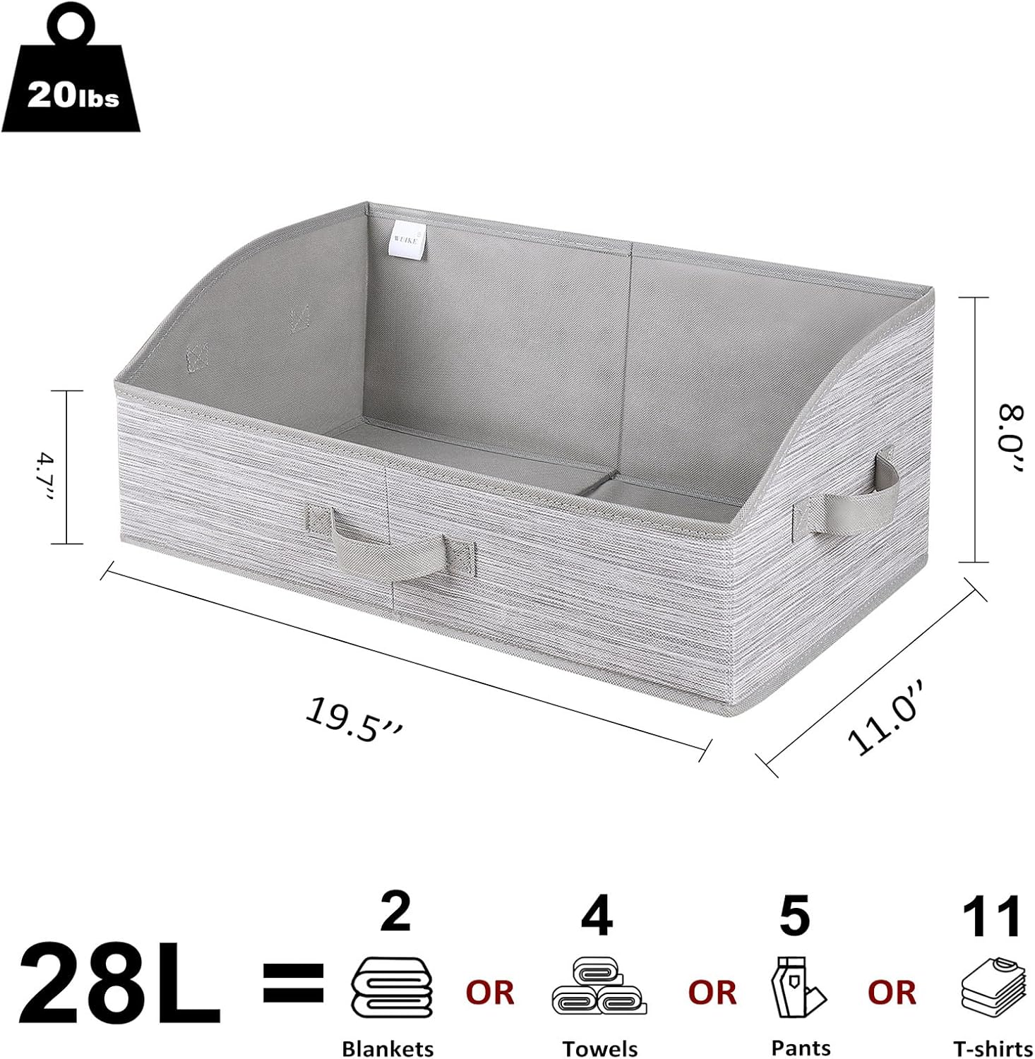 WUIKE Closet Organizers and Storage, Foldable Trapezoid Storage Bins with Handles, Clothes Storage Bins, Closet Shelf Organizer for Wardrobe, Light Gray/Slub Gary, Extra Large, 3-Pack