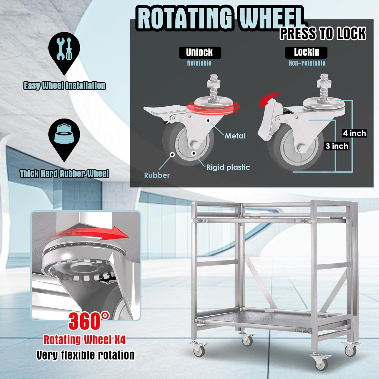 2 Shelf Rolling Cart with Wheels, 660lbs Capacity Collapsible Steel Rolling Utility Cart, Heavy-Duty Foldable Workbench, Metal Rolling Storage Cart with Handle for Groceries, Warehouse (36" Lx26 W)
