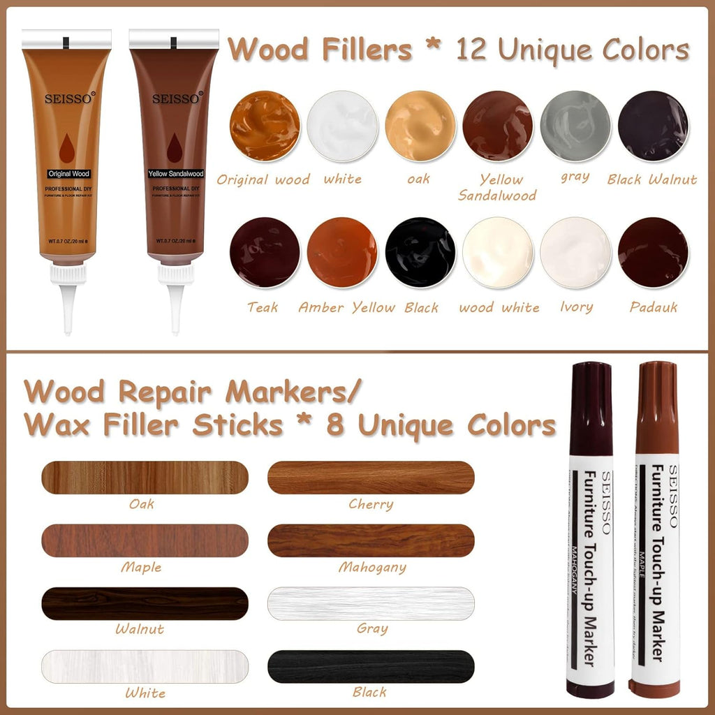 SEISSO Wood Scratch Repair Kit - Set of 36 Wood Filler Putty for Scratches Furniture Markers Touch Up Vinyl Floor Repair Kit - Restore a Finish, Cover Hardwood Scratches, Cracks, Hole, Table, Door