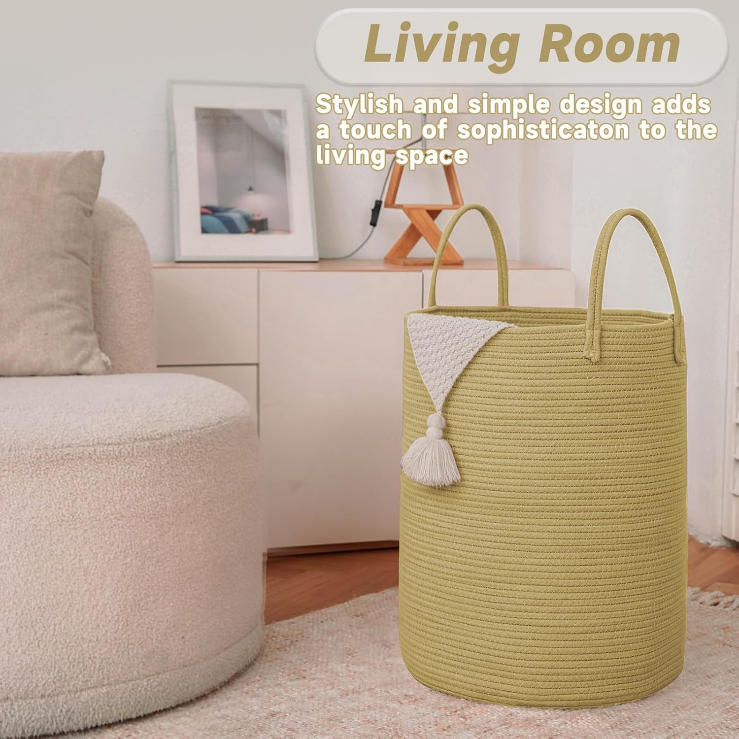 Large Woven Laundry Basket Hamper,80L Cotton Rope Storage Bin for Blankets,Toys and Clothes,Decorative Tall Nursery Hamper for Living Room,Baby Nursery,Bathroom and Bedroom,Jute