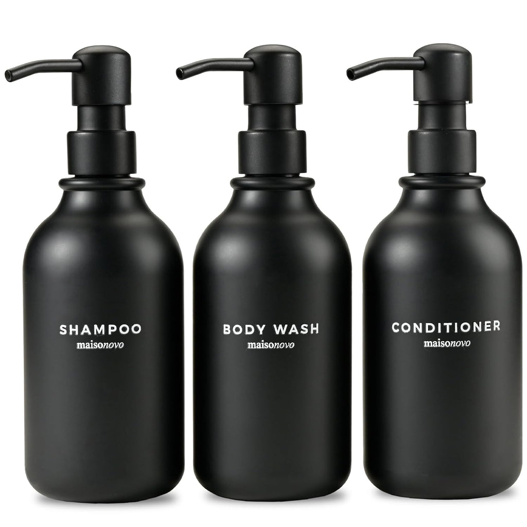 MaisoNovo Refillable Shampoo and Conditioner Bottles | 16.9 fl oz Set of 3 Black Plastic Bottles Black Pumps