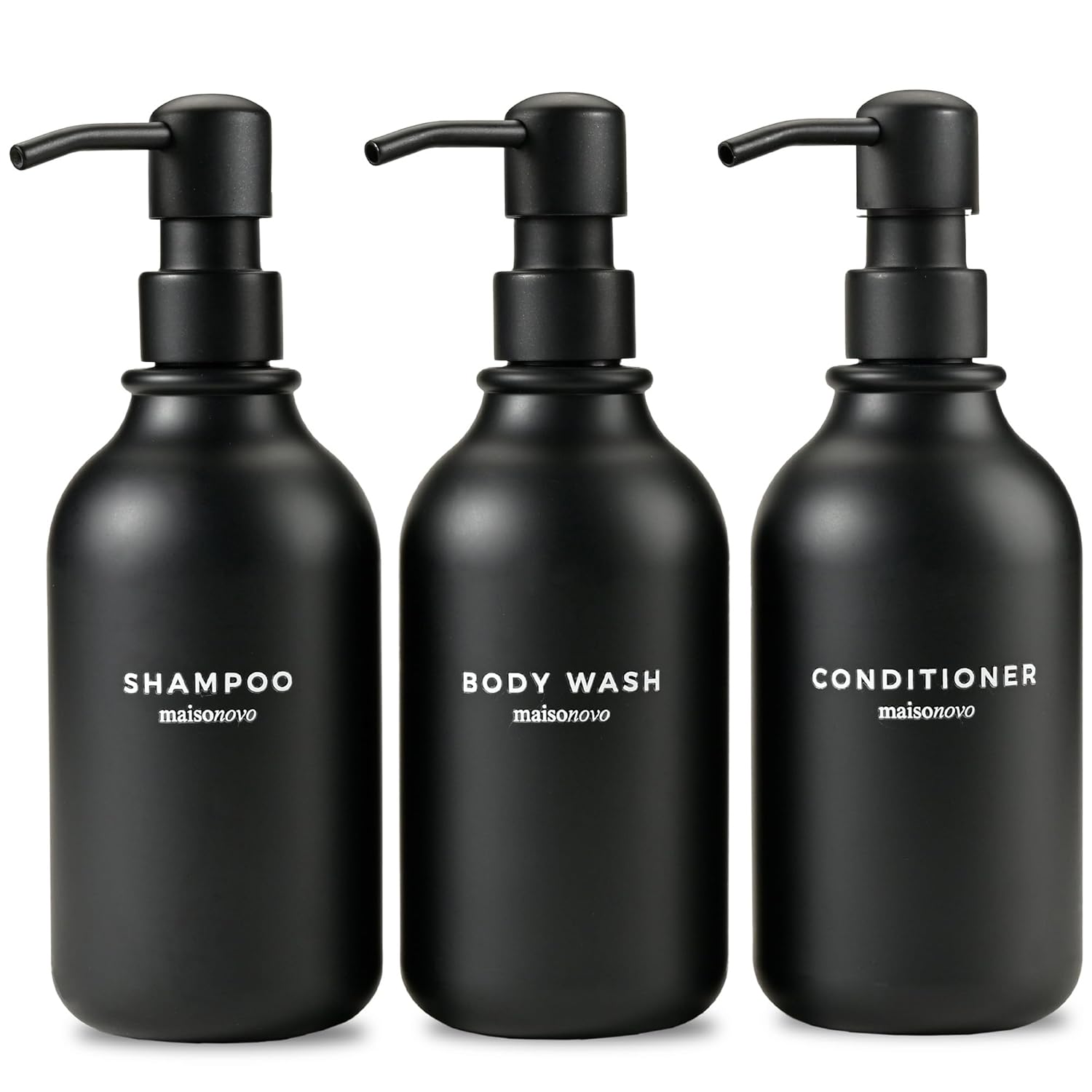 MaisoNovo Refillable Shampoo and Conditioner Bottles | 16.9 fl oz Set of 3 Black Plastic Bottles Black Pumps