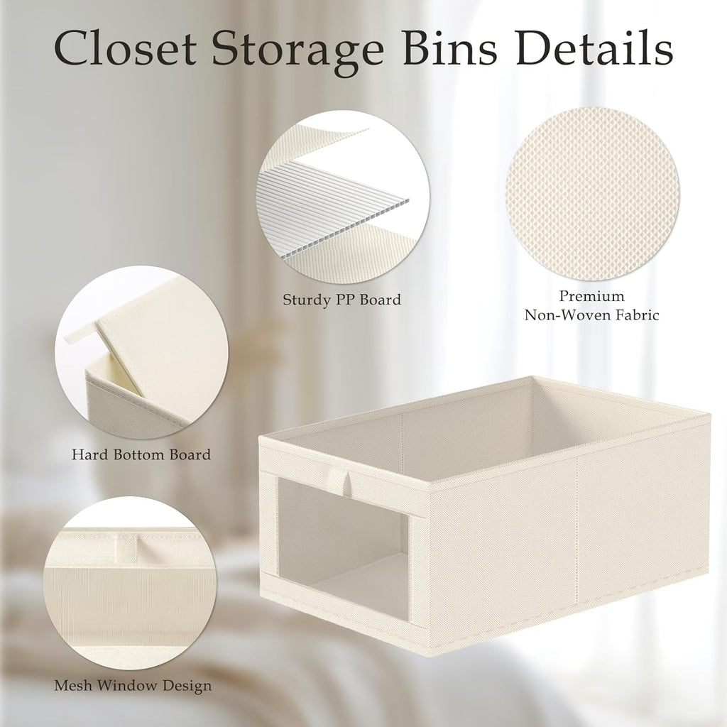Criusia Linen Closet Organizers and Storage, 4 Pack Linen Closet Baskets with Mesh Window for Organization, Foldable Closet Organizer for Clothing, Towels, Toys, Nursery, Books, Shelves, Beige