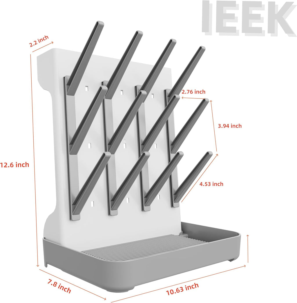 IEEK Baby Bottle Drying Rack,Large Vertical Drying Tower Bottle Rack Holder Space Saving Standing Drying Rack for Countertop-Holds 12 Baby Bottles and Cup,Etachable Travel Bottle Rack,Grey and White