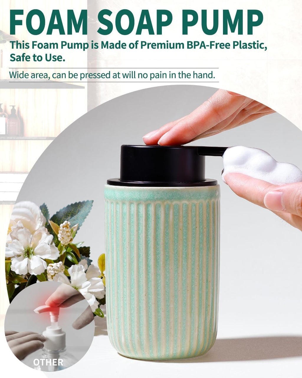 BosilunLife Foam Hand Soap Dispenser - Ceramic Foaming Soap Dispenser for Bathroom 12oz Refillable Liquid Lotion Soap Dispenser with Rust-Proof Foaming Pump for Countertop (Light Green)