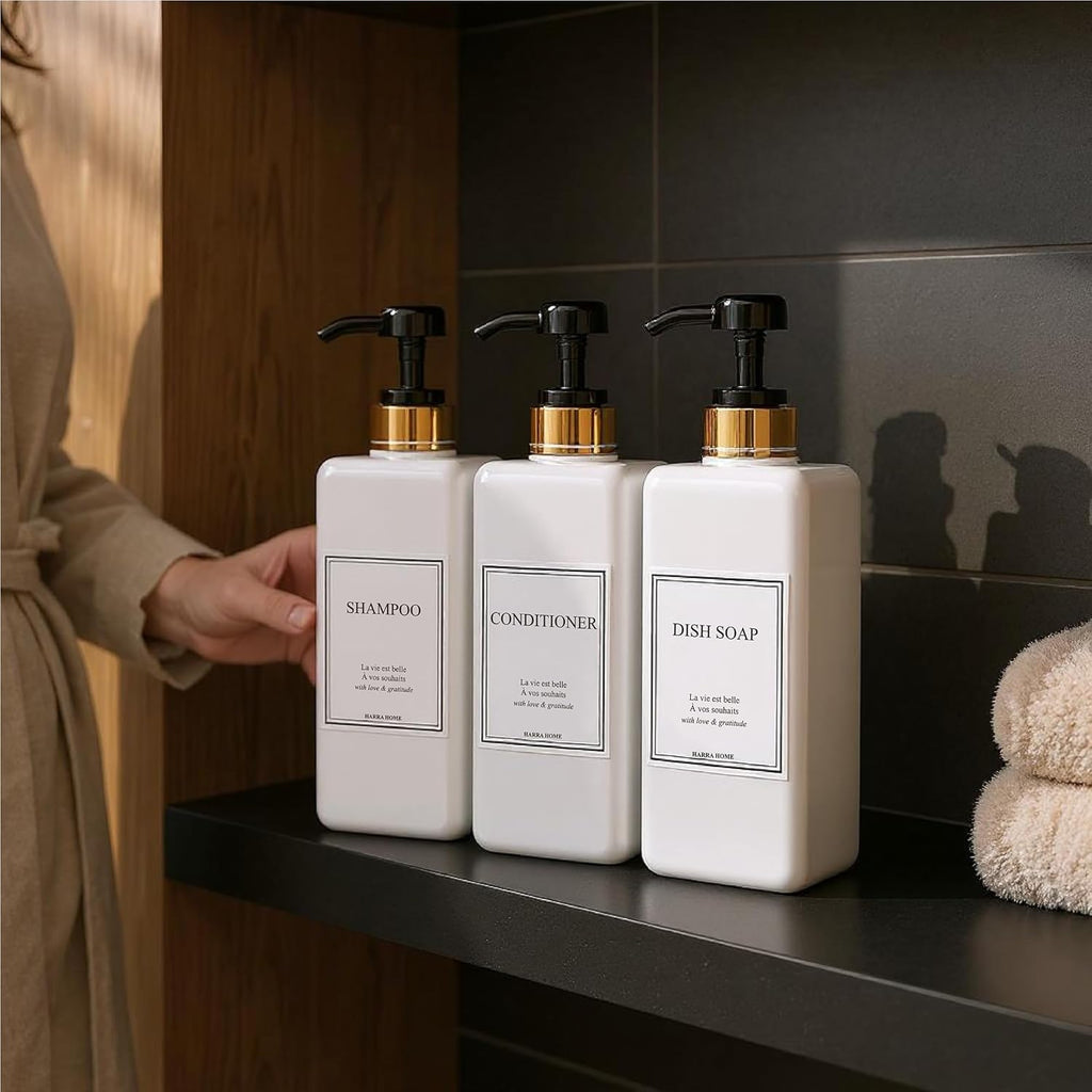 Modern Gold Design Large 27 oz Shampoo and Conditioner Dispensers - Empty Plastic Refillable Pump Bottle Set for Bathroom Shower Soap Dispenser, Set of 3 (Black)