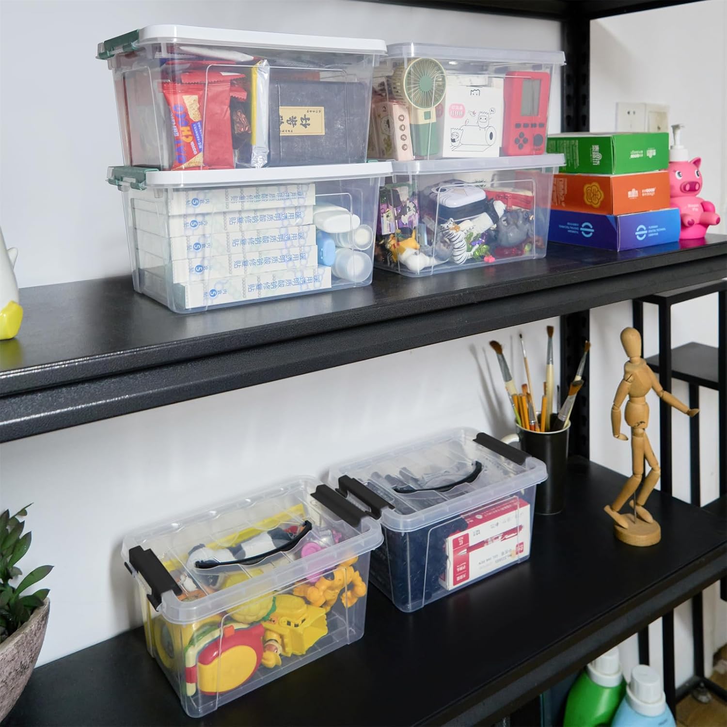 6 Quart Plastic Stackable Storage Latch Bins,Clear Latching Box with Handle and Lid,Pack of 6 (Black Handle)