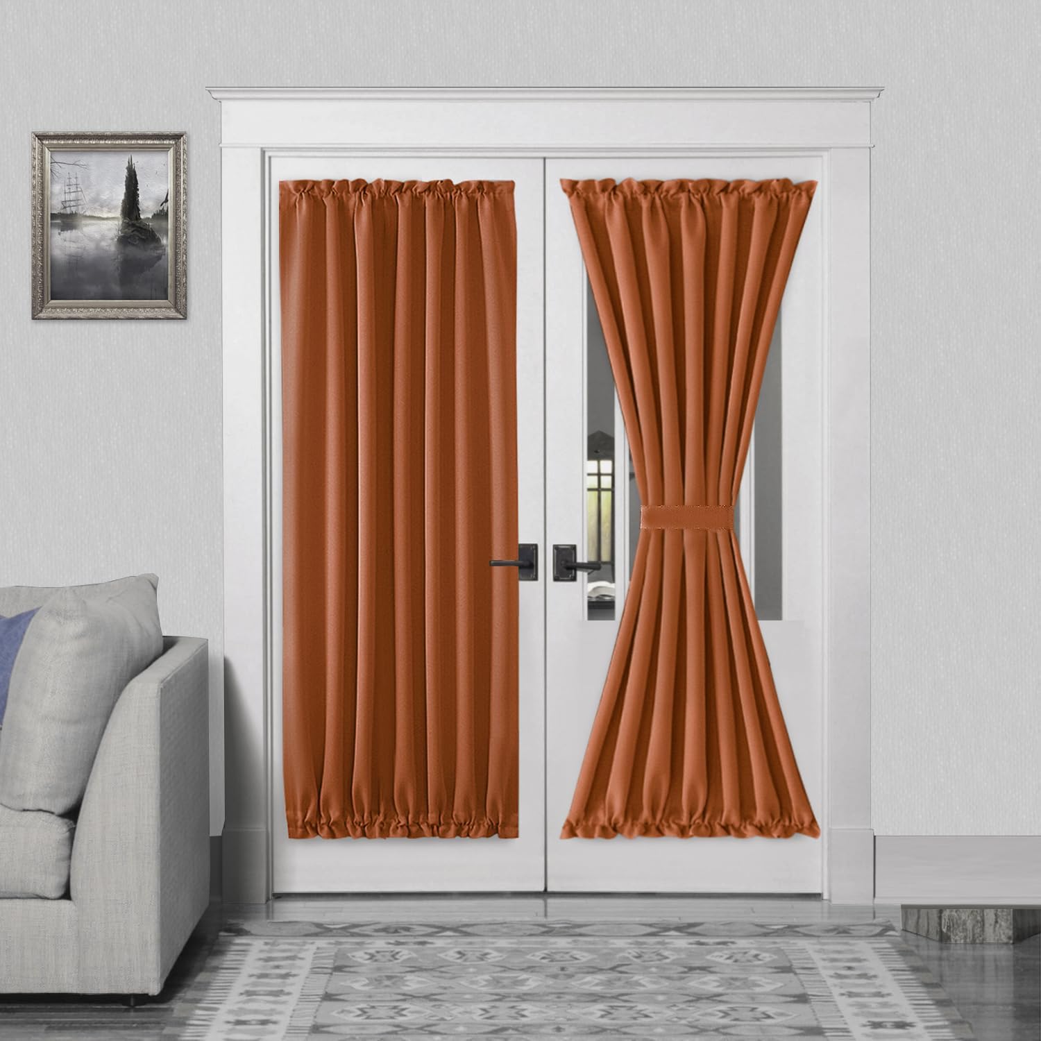 DWCN French Door Curtains – Rod Pocket Thermal Blackout Curtain for Doors with Glass Window, Kitchen and Patio Doors for Privacy, 54 X 72 Inches Long, 1 Curtain Panel with Tieback,Burnt Ochre
