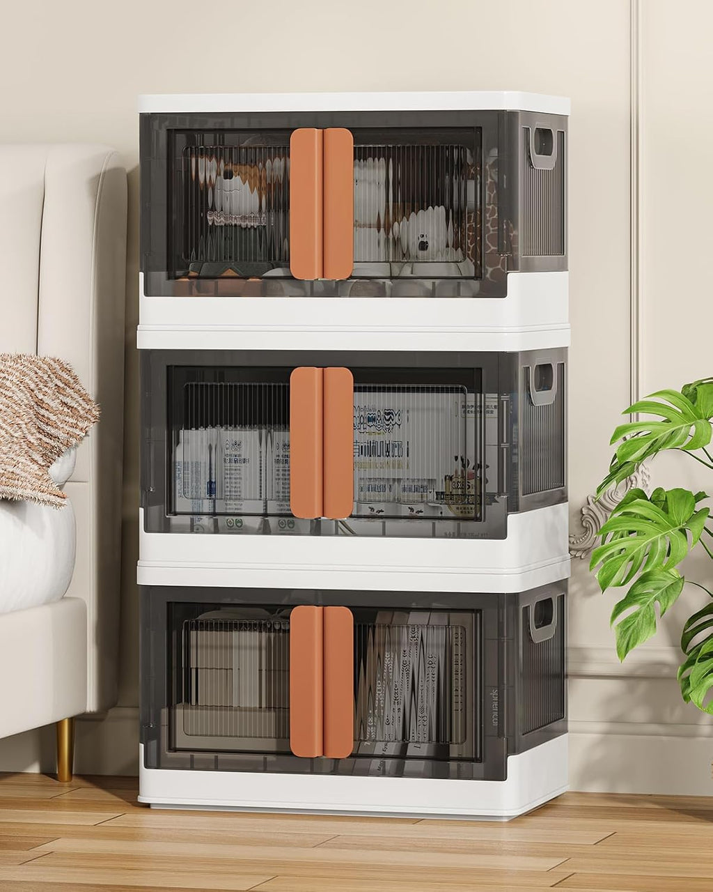 8.4Gal Collapsible Storage Bins with Lids & Wheels - 3 Pack Stackable with Doors, Heavy-Duty Plastic Containers for Home/Office, White