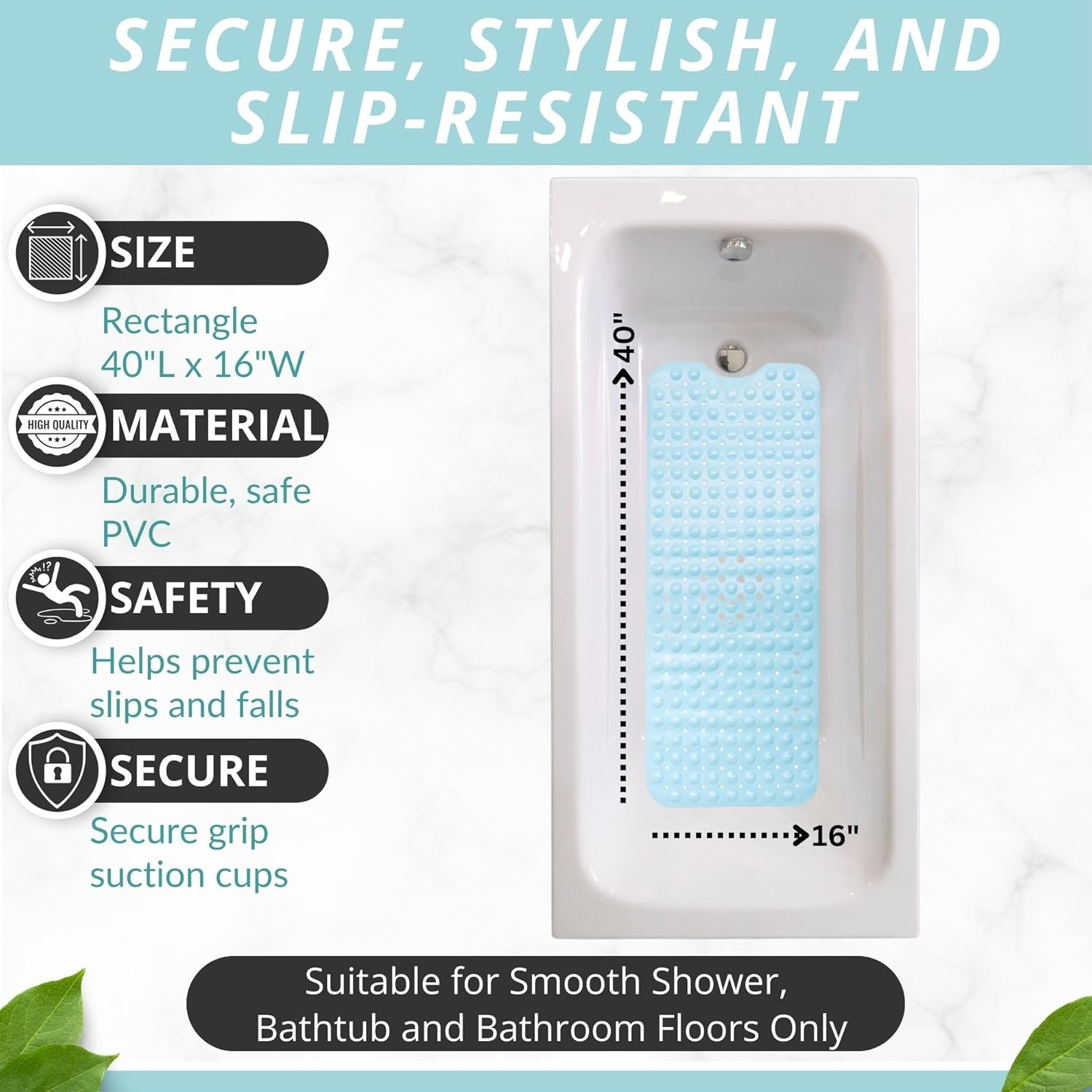 ENKOSI Bath Mat - Large Non Slip Bathtub & Shower Mat - Extra Long 40 x 16 Inch Bathroom Mats for Tub Nonslip Anti Slip Bathmats (40x16 Light Blue 1-Pack)