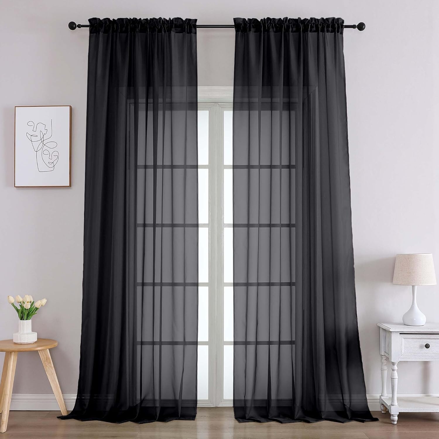 Chyhomenyc Black Sheer Curtains 96 Inches Long 2 Panels, Light Filtering Black Curtains for Living Room, Soft Gentle Voile Rod Pocket Bedroom Window Drapes, 59Wx96L Inch, 2PCS