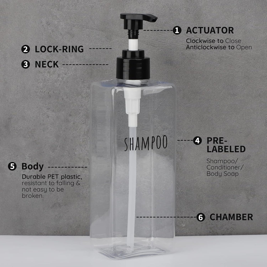 Segbeauty Clear Square Shampoo Bottles, 3pcs 16.9oz Refillable Plastic Lotion Dispenser with Pump, 500ml Empty Reusable Bathroom Shower Bottle Dispense Shampoo Conditioner Body Soap Liquid Gel